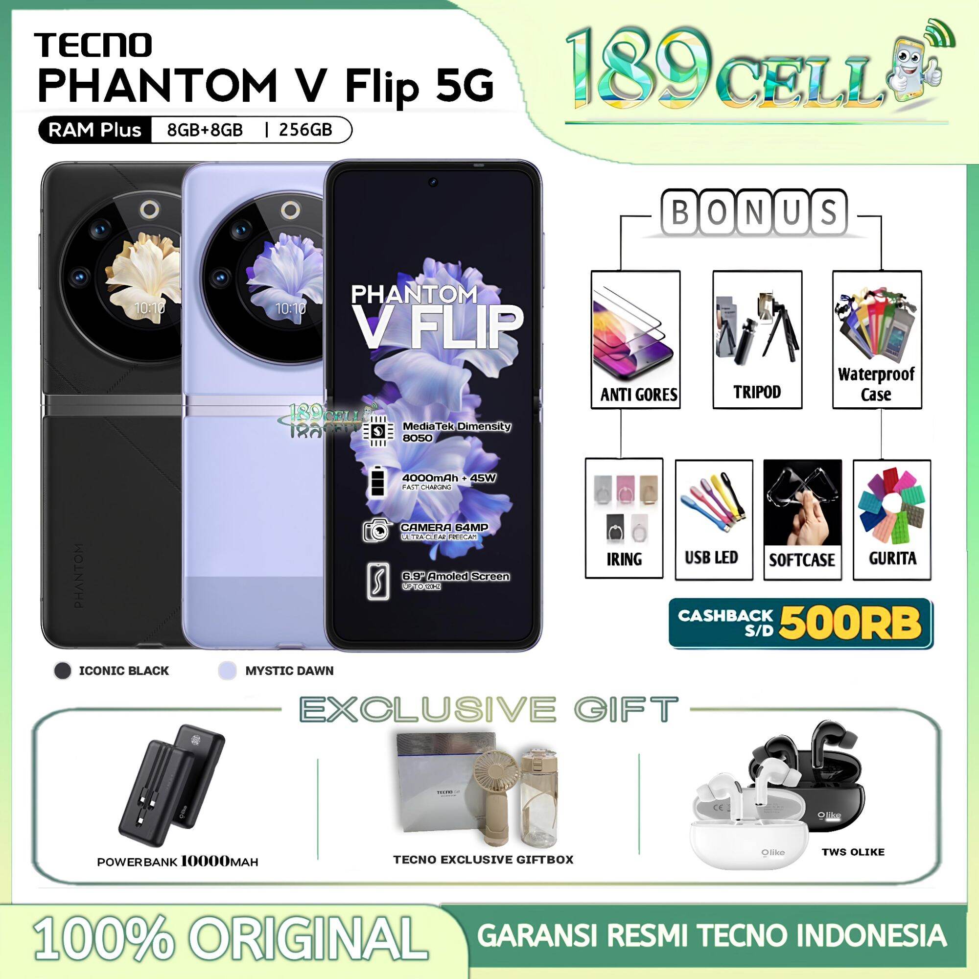 TECNO PHANTOM V FLIP 5G RAM 8/256GB | PHANTOM V FLIP NFC RAM 8+8GB/256GB GARANSI RESMI TECNO Harga 4,399,900 rupiah*Gratis Ongkir