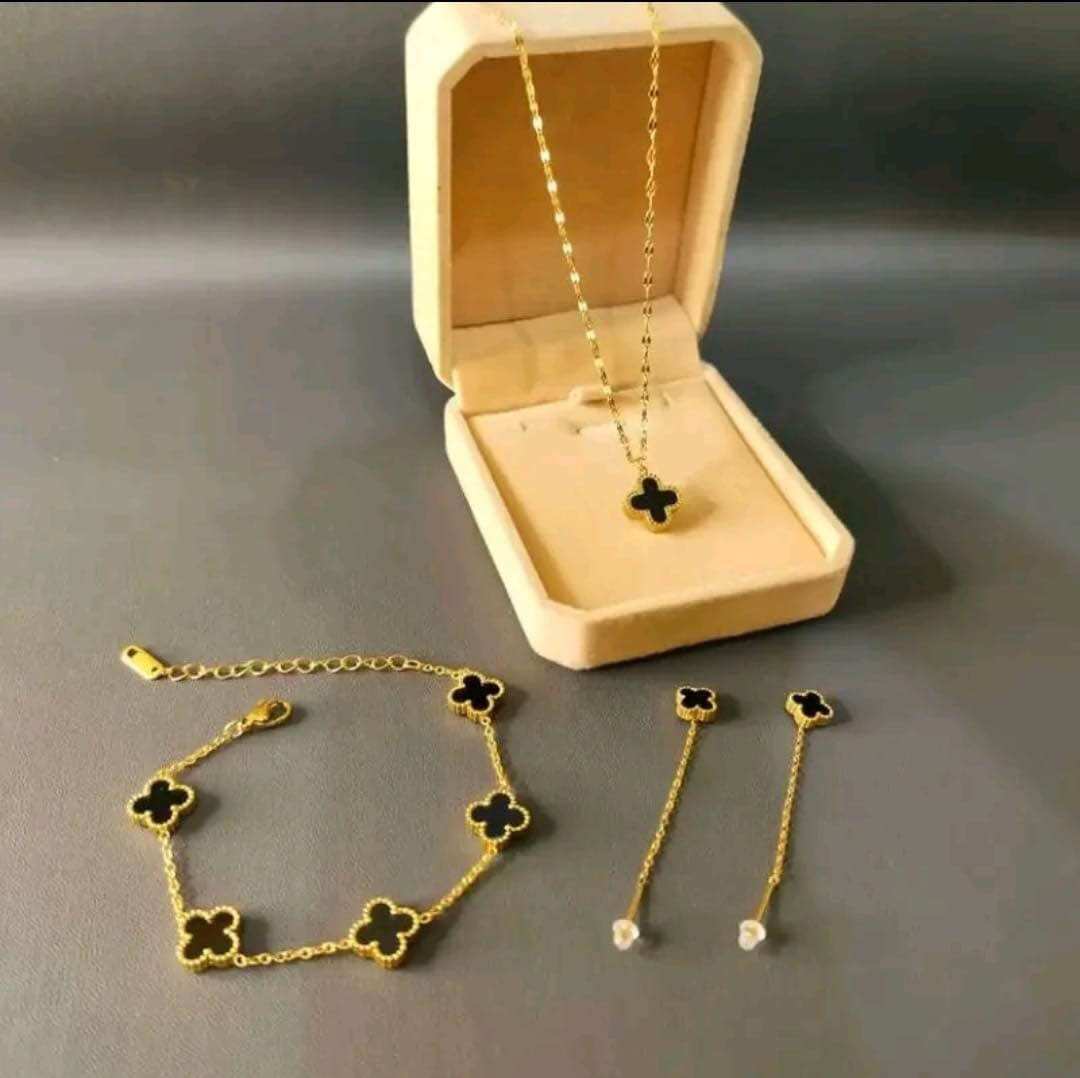 Termurah set lengkap perhiasan wanita model clover gold cantik anti luntur