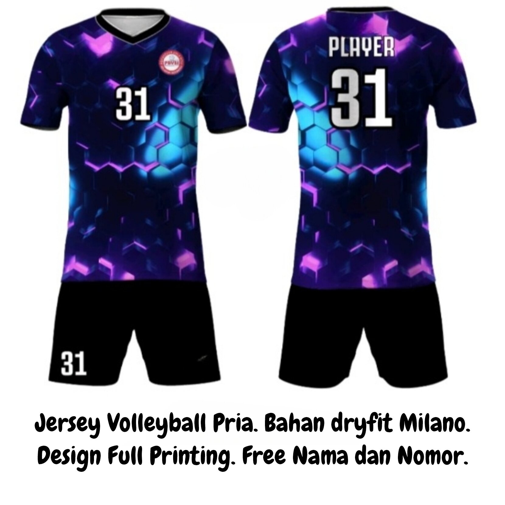 Setelan Jersey Voli Volleyball Putra Pria Full Printing Hitam Ungu