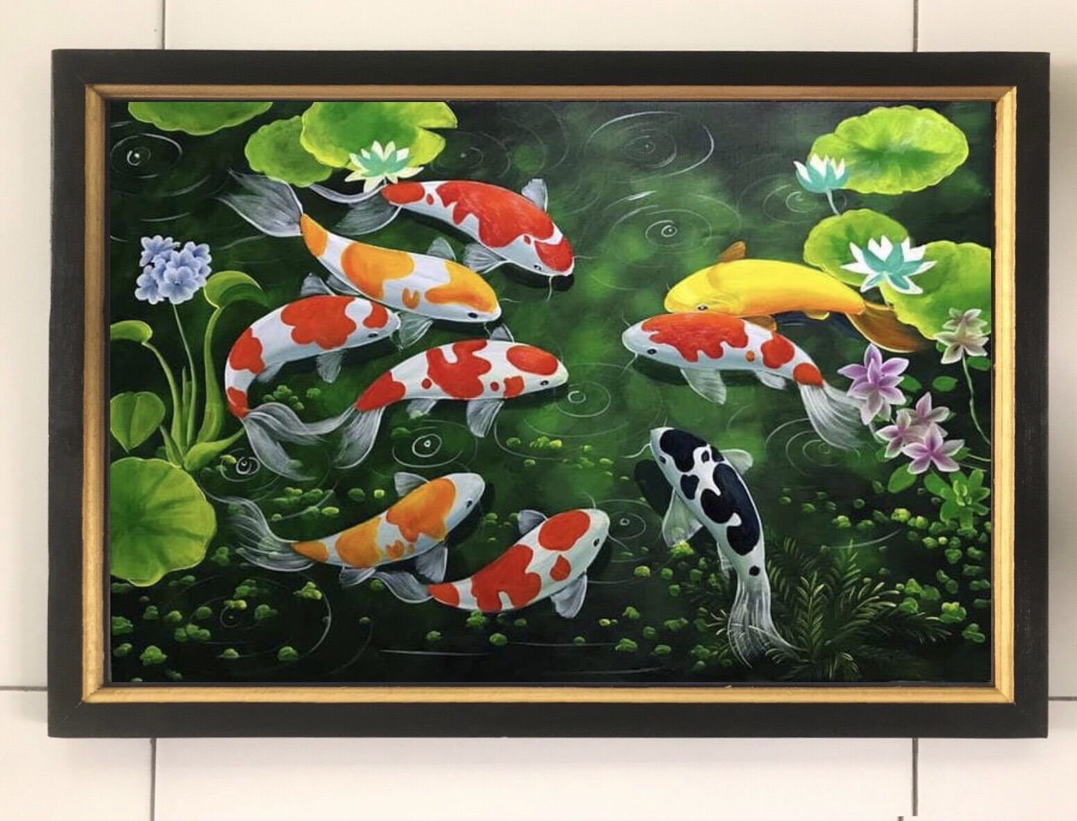 Hiasan dinding cetak gambar lukisan 9ikan koi plus bingkai uk:45cm x 65cm