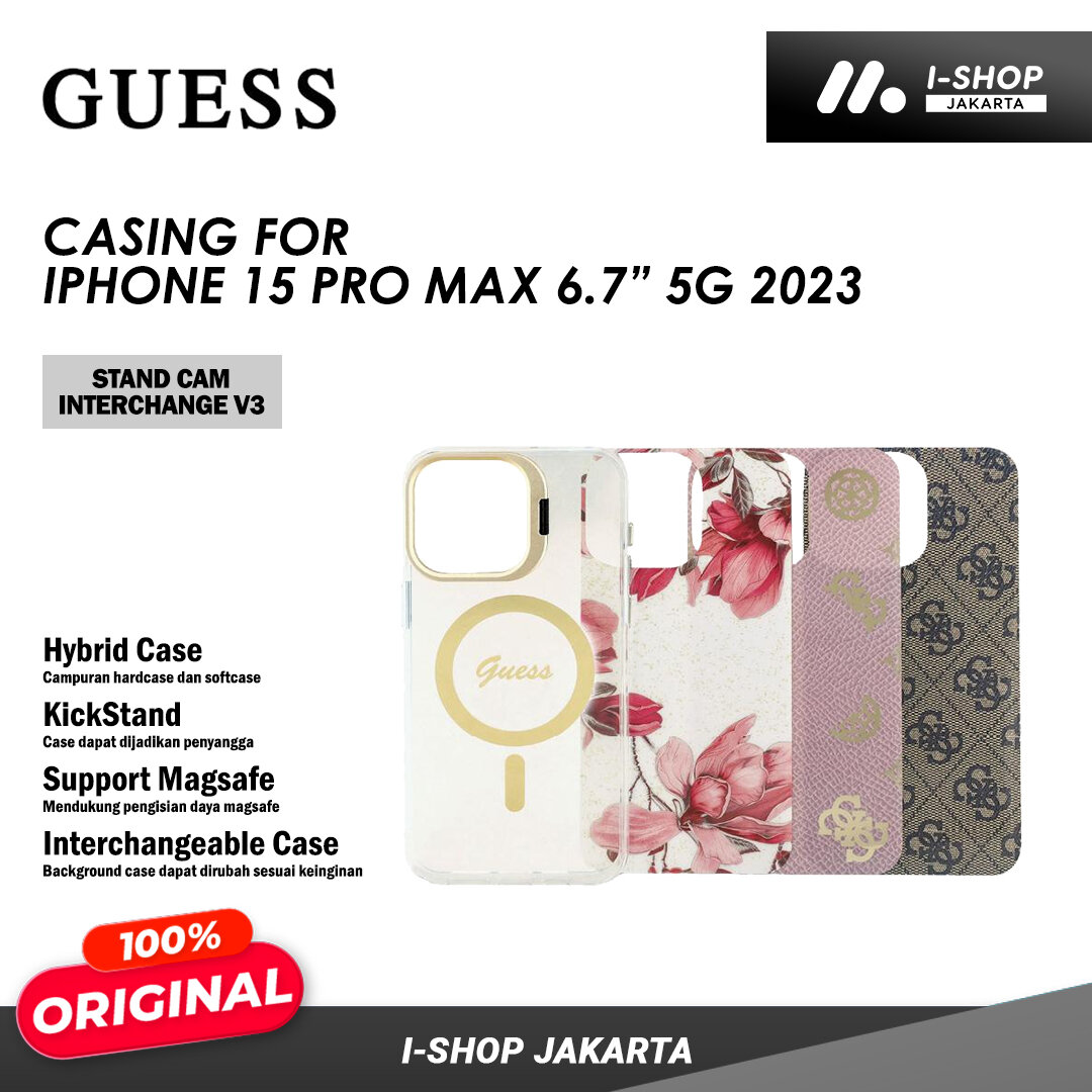 Casing Apple iPhone 15 Pro Max 6.7" inch 5G 2023 Guess KickStand Cam Interchange V3 Hybrid Hard Soft Case TPU PC Bumper Shockproof Cover Slim Ring Magsafe Nirkabel Clear Bening Transparan Motif Pattern Harga 1,035,000 rupiah*Gratis Ongkir