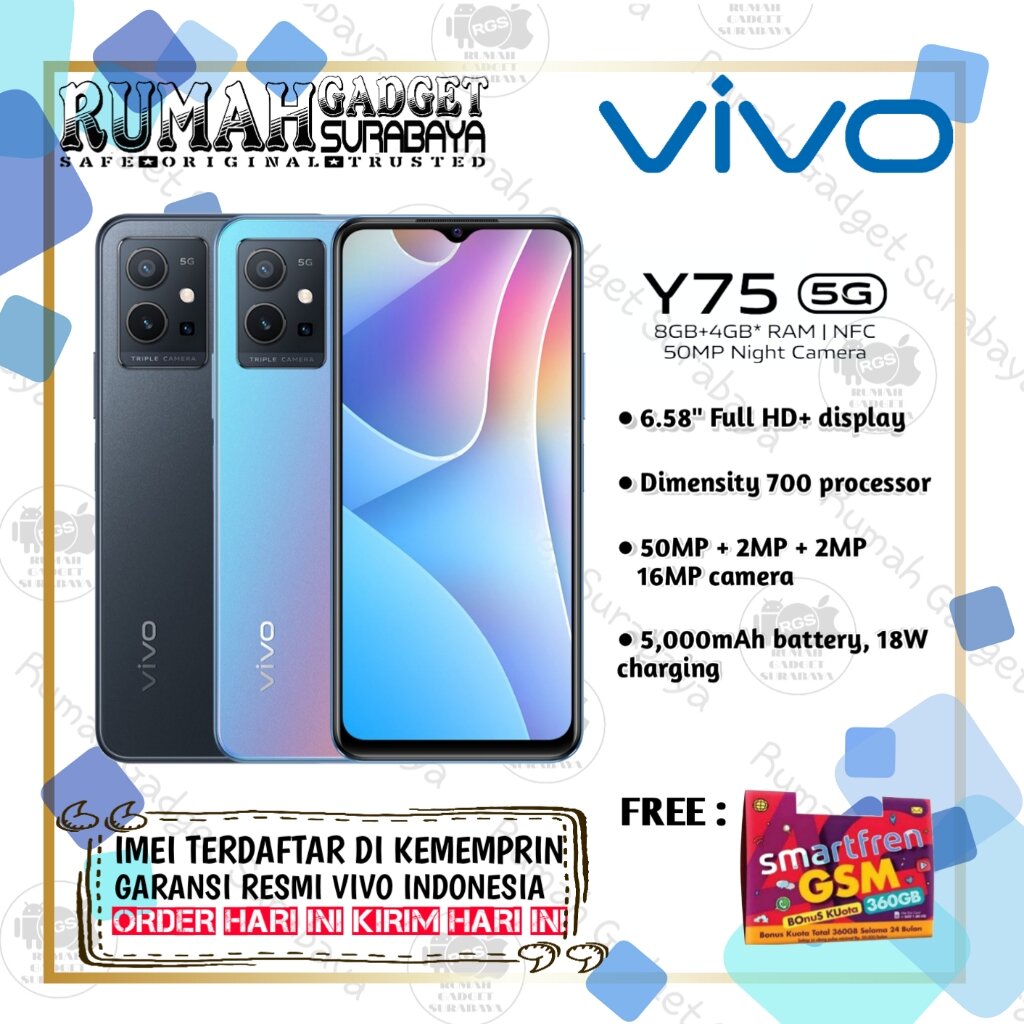 Vivo Y75 5G Powerful Processor, 8GB+4GB Extended RAM, 128GB ROM, 50MP Night Camera, NFC Multifunctions Giá 3,559,000 Đồng*Miễn phí vận chuyển