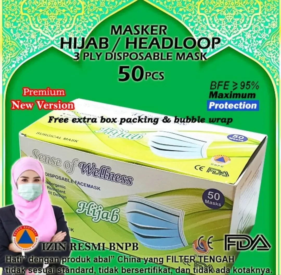 Masker Hijab 3Ply Headloop Bedah Medis 3 Ply Disposable Surgical Mask HIJAB WELLNESS emboss merk SENSE OF WELLNESS 1 box isi 50 pcs