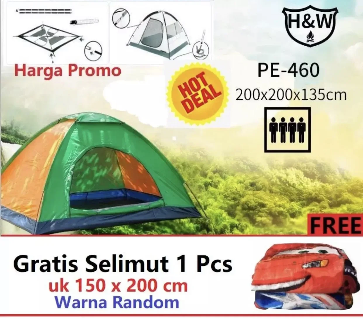 Promo Tenda Camping Tenda 4-5 orang Dome Tenda Kemping 200cm x 200cm - H&W PE-460 + Free Selimut karakter 1 Pcs/ mawar88shop