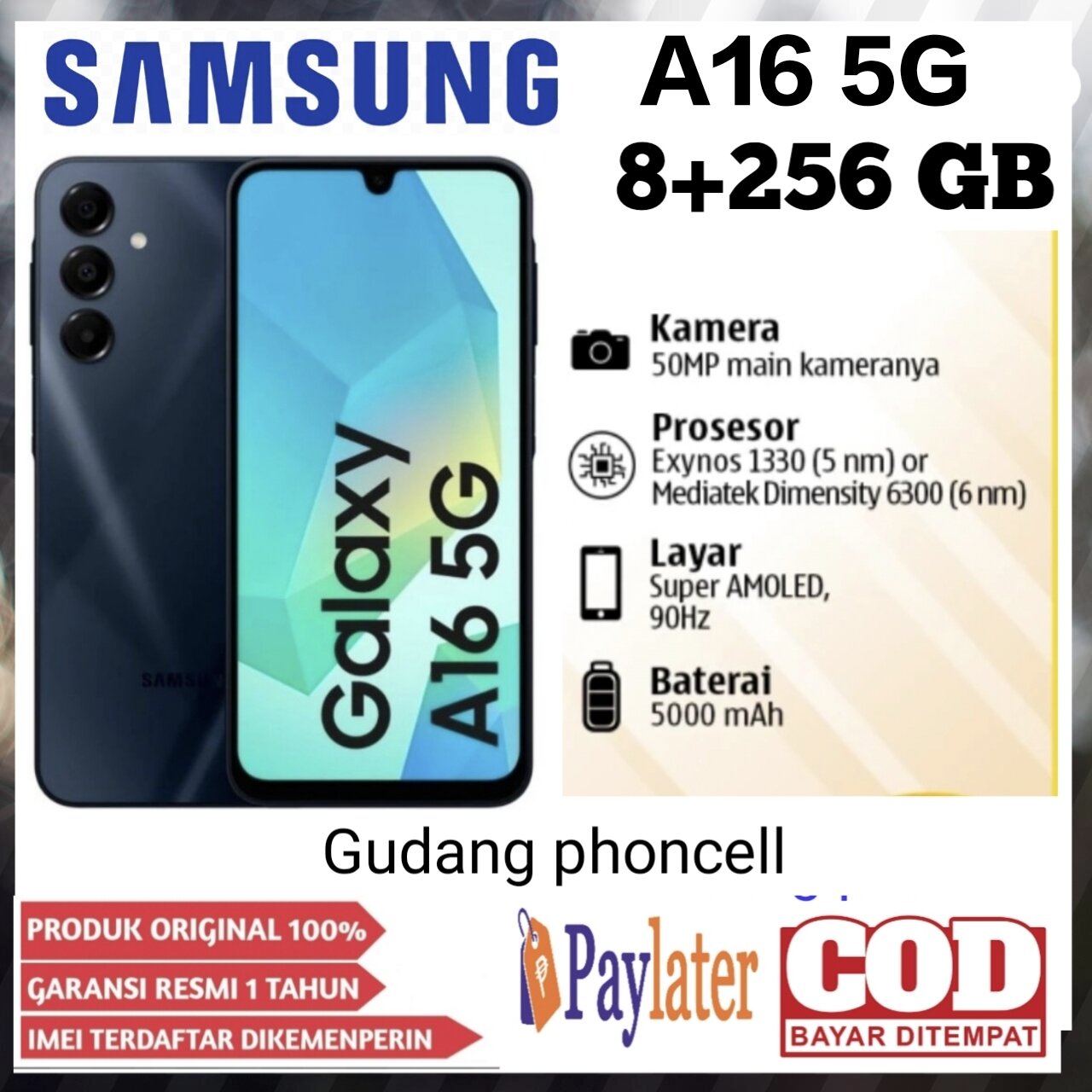 Samsung A16 5g Amoled Screen Nfc Ram 8+256 Gb Fast Charging 30 Minutes Full (Free Travel Adapter) 1 Year Warranty (Replacement for A15) Harga 2,135,000 rupiah*Gratis Ongkir