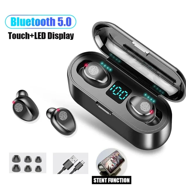 Headset Bluetooth F9 Tws Wireless Earphone Bluetooth Full Bass Stereo Earbuds Olahraga Hifi In Ear Mic dengan Mikrofon untuk semua perangkat. 