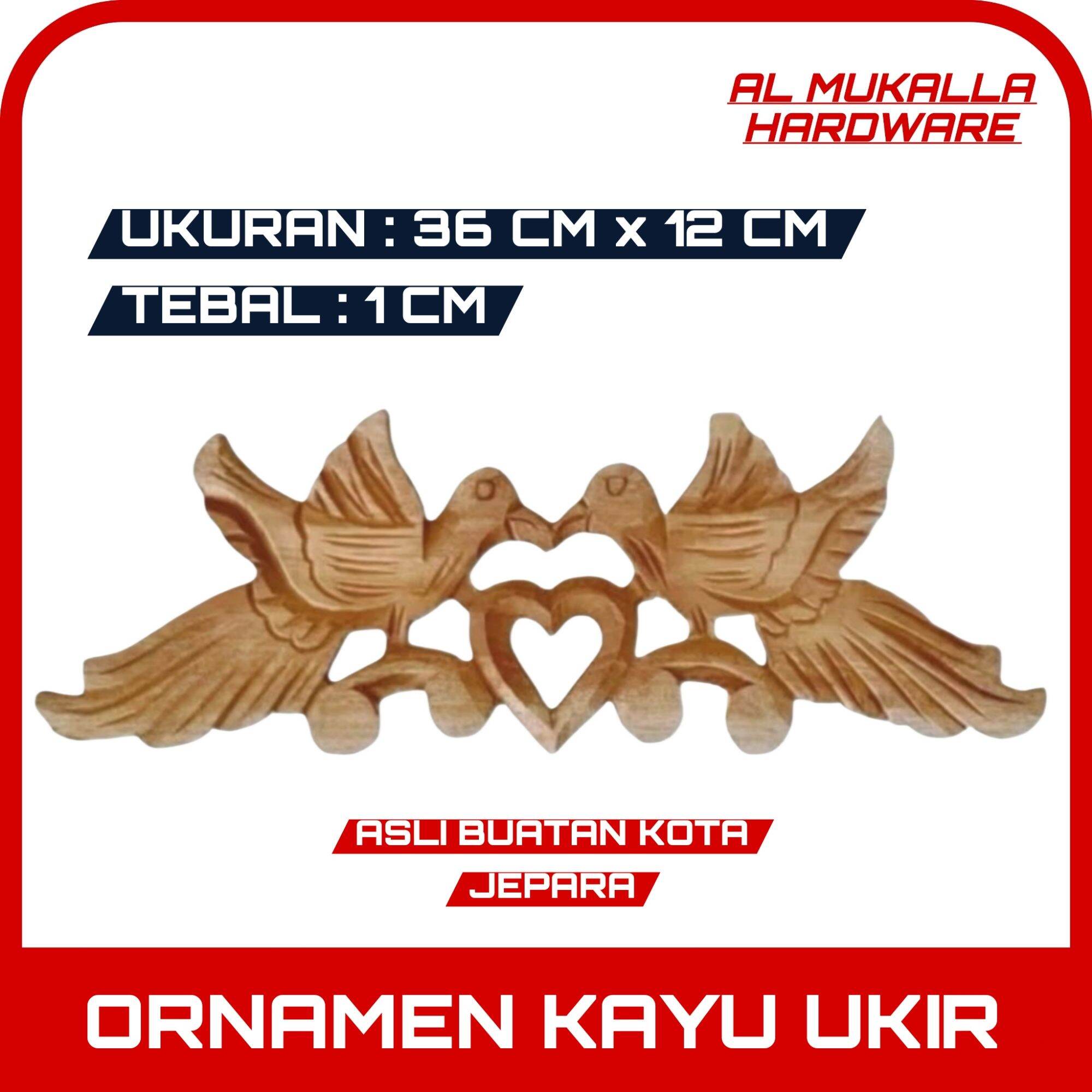 Ornamen Ukir Kayu Mahoni Motif Burung 36 cm x 12 cm Tebal 1 cm Asli Buatan Kota Jepara