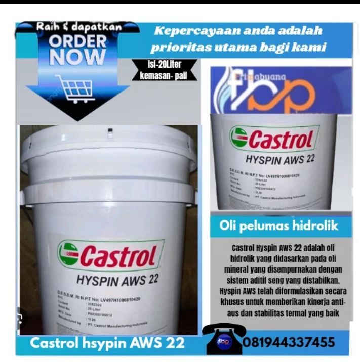 oli pelumas hidrolik Castrol hsypin AWS 22 isi 20 liter kemasan pail Harga 1,050,000 rupiah*Gratis Ongkir