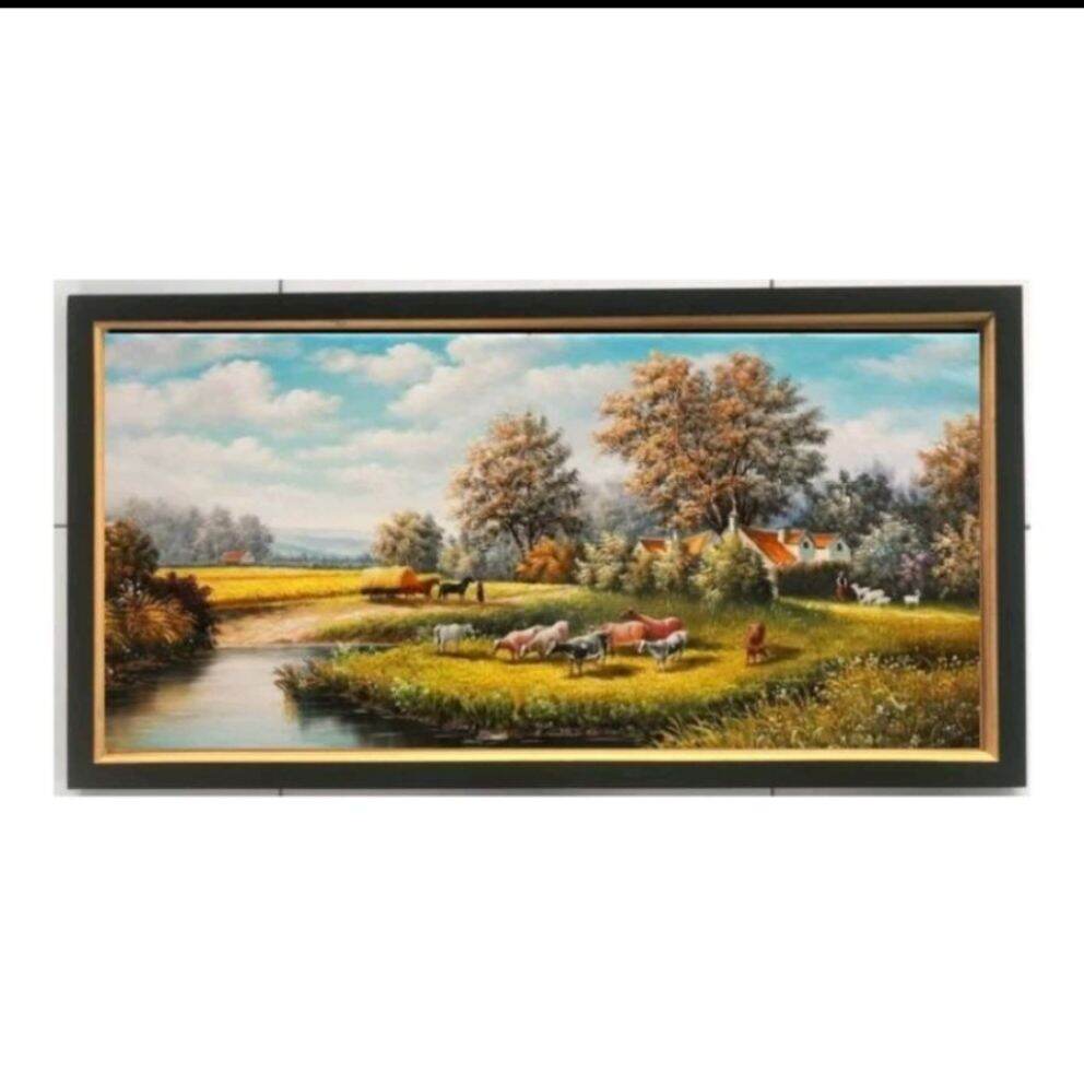 hiasan dinding gambar lukisan pemandangan plus bingkai 50x100cm ...