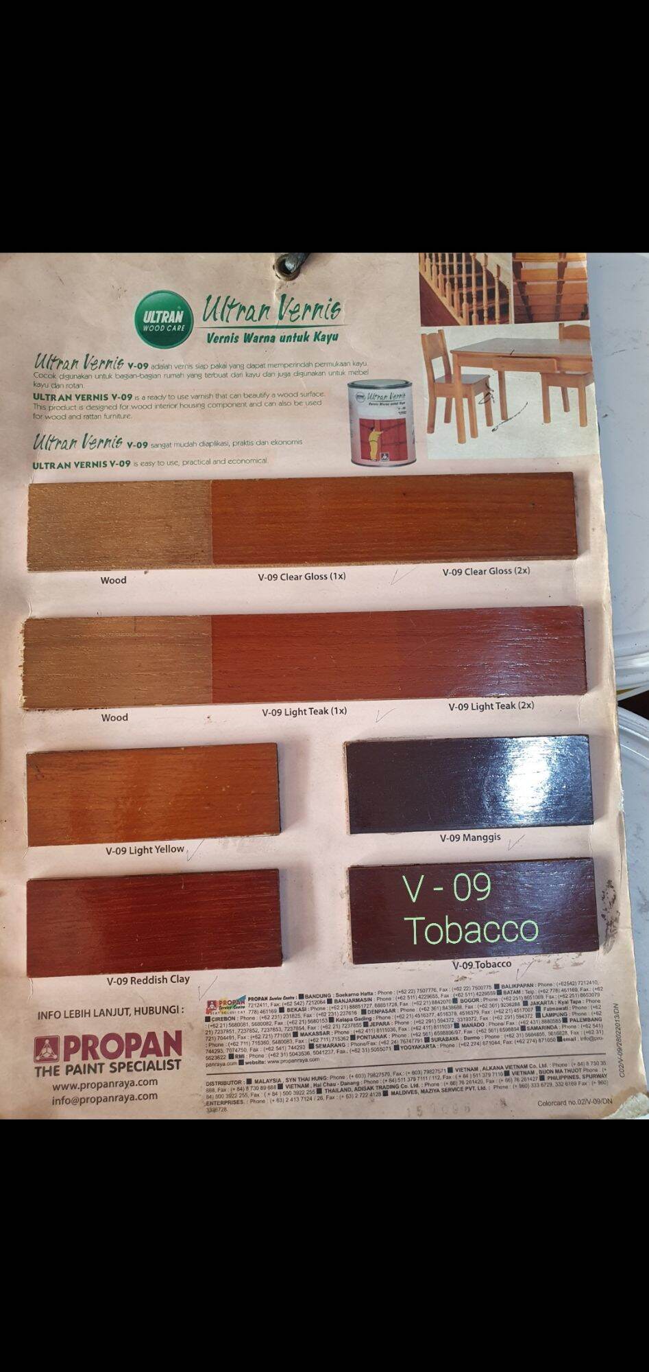 warna tobacco CAT KAYU PROPAN ULTRAN VERNIS V - 09 TOBACCO ISI 0.8 LITER Varnish Kayu  Kering Jernih Varnish Kayu Warna Netral Hangat - Lazada