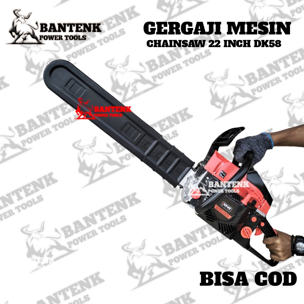 MESIN CHAINSAW 22 INCH ORIGINAL DK58 cc DEKWE. GERGAJI MESIN LENGKAP ...