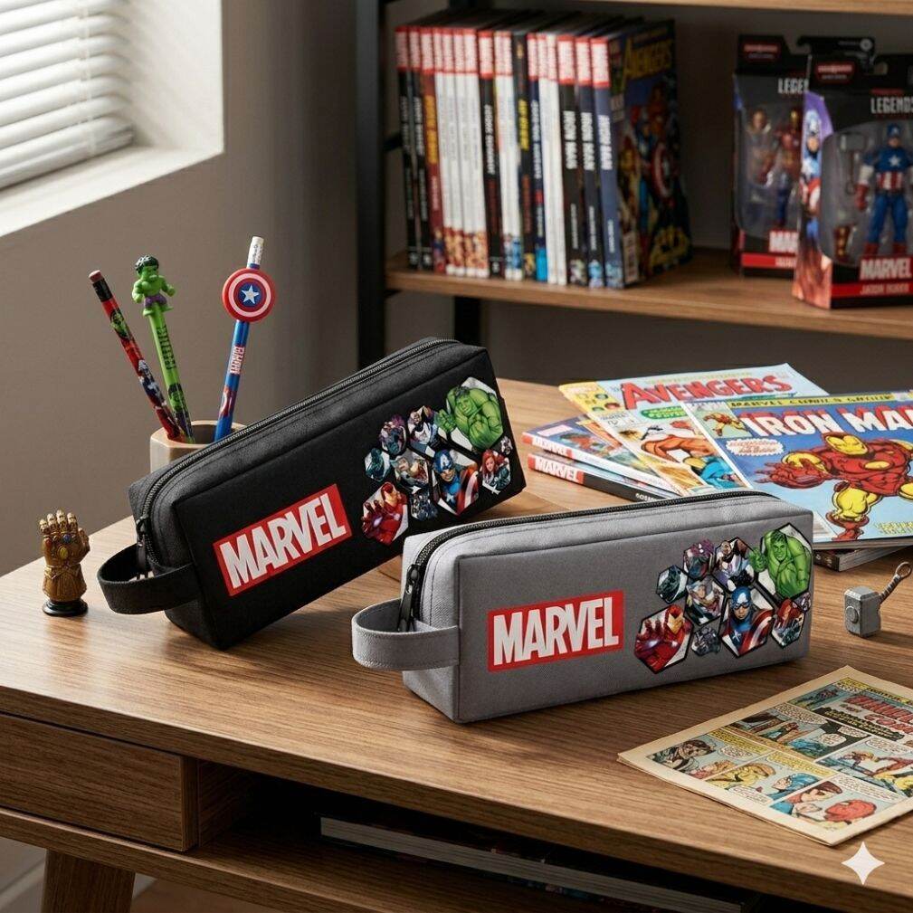 Tempat Pensil Anak Sekolah Roblox dengan Karakter Berwarna-warni dan Logo Merah di Depan.