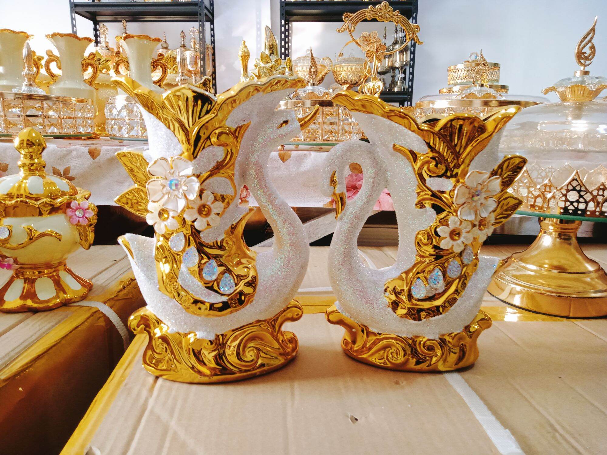 vas angsa gold gliter cantik mewah / keramik hias import / dekorasi rumah / hiasan lemari kaca