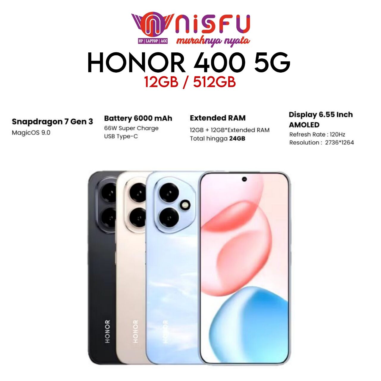 HONOR 400 5G 24GB / 512GB | 6000mAh | 66W FAST CHARGE | GARANSI RESMI Harga 6,999,000 rupiah*Gratis Ongkir