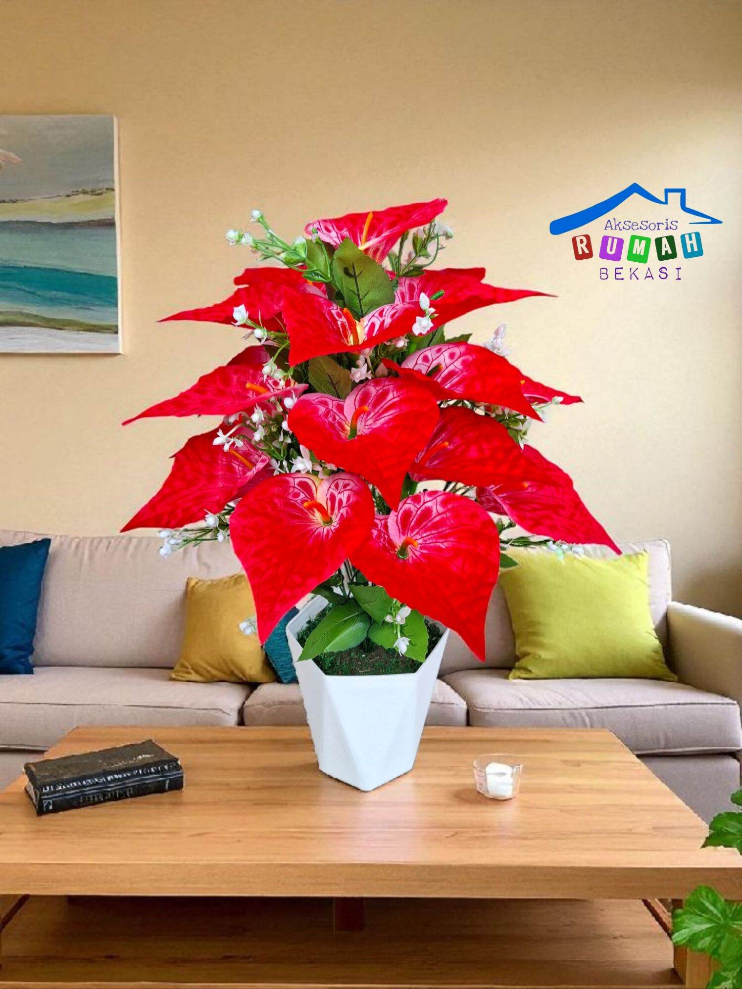 Bunga sudut anthurium Aron panda artificial 18 kuntum dengan pot diamond jumbo