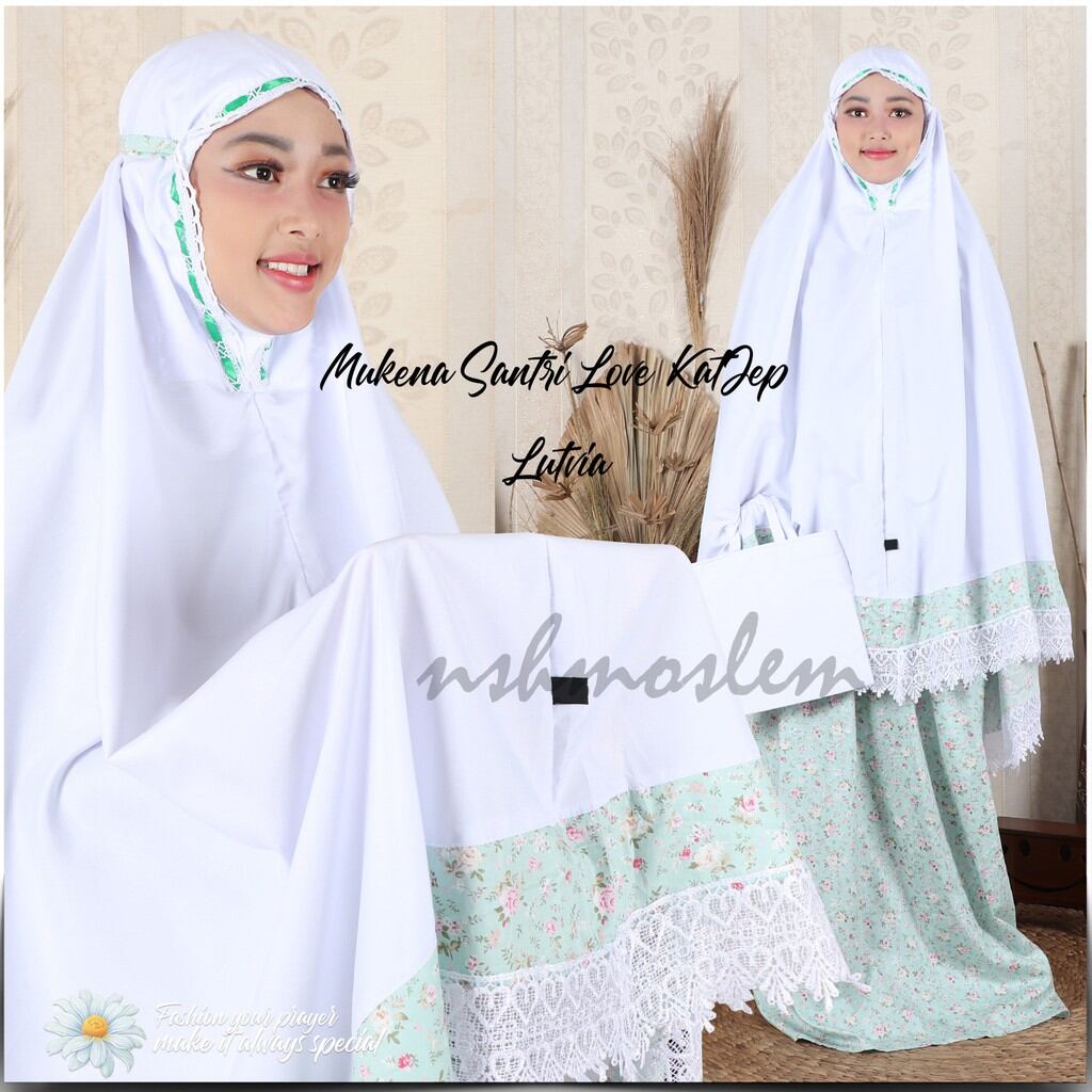 mukena santri renda love putih / mukena dewasa