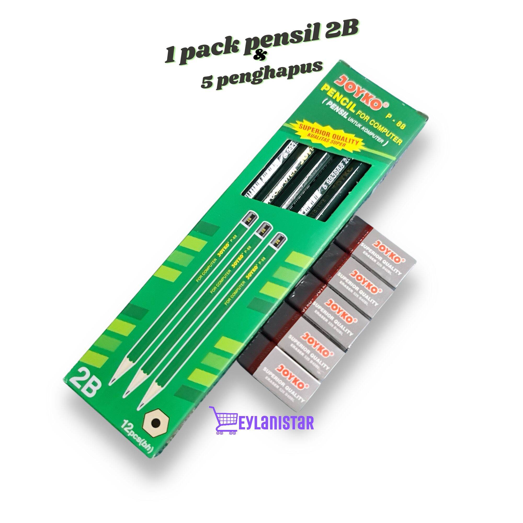 Paket Pensil dan Penghapus 5 Pcs Joyko Hitam dan 1 Pack Pensil 2B Joyko