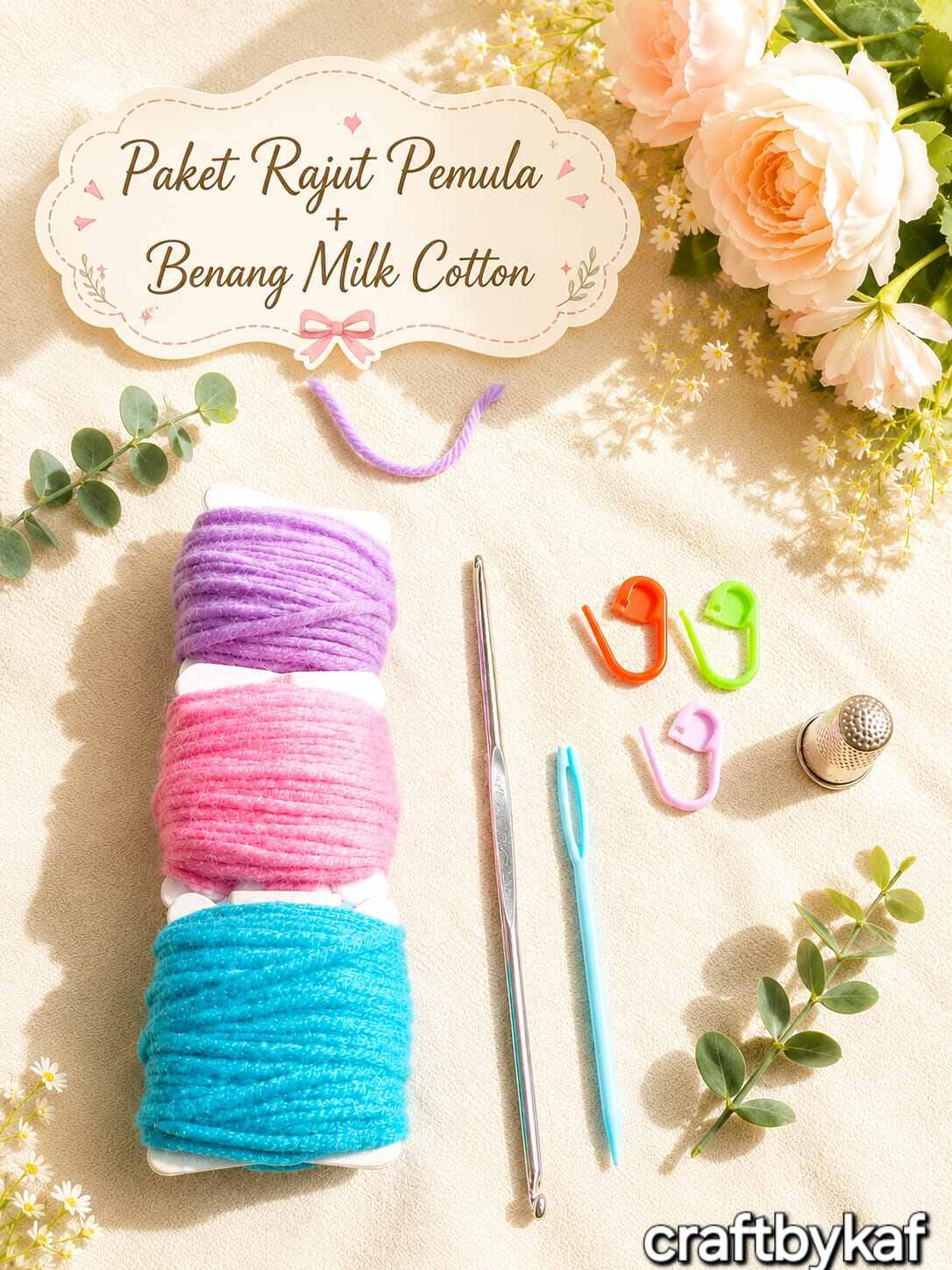 Paket Rajut Pemula Kit Rajut Set Alat Rajut + Benang Milk Cotton 5 ply