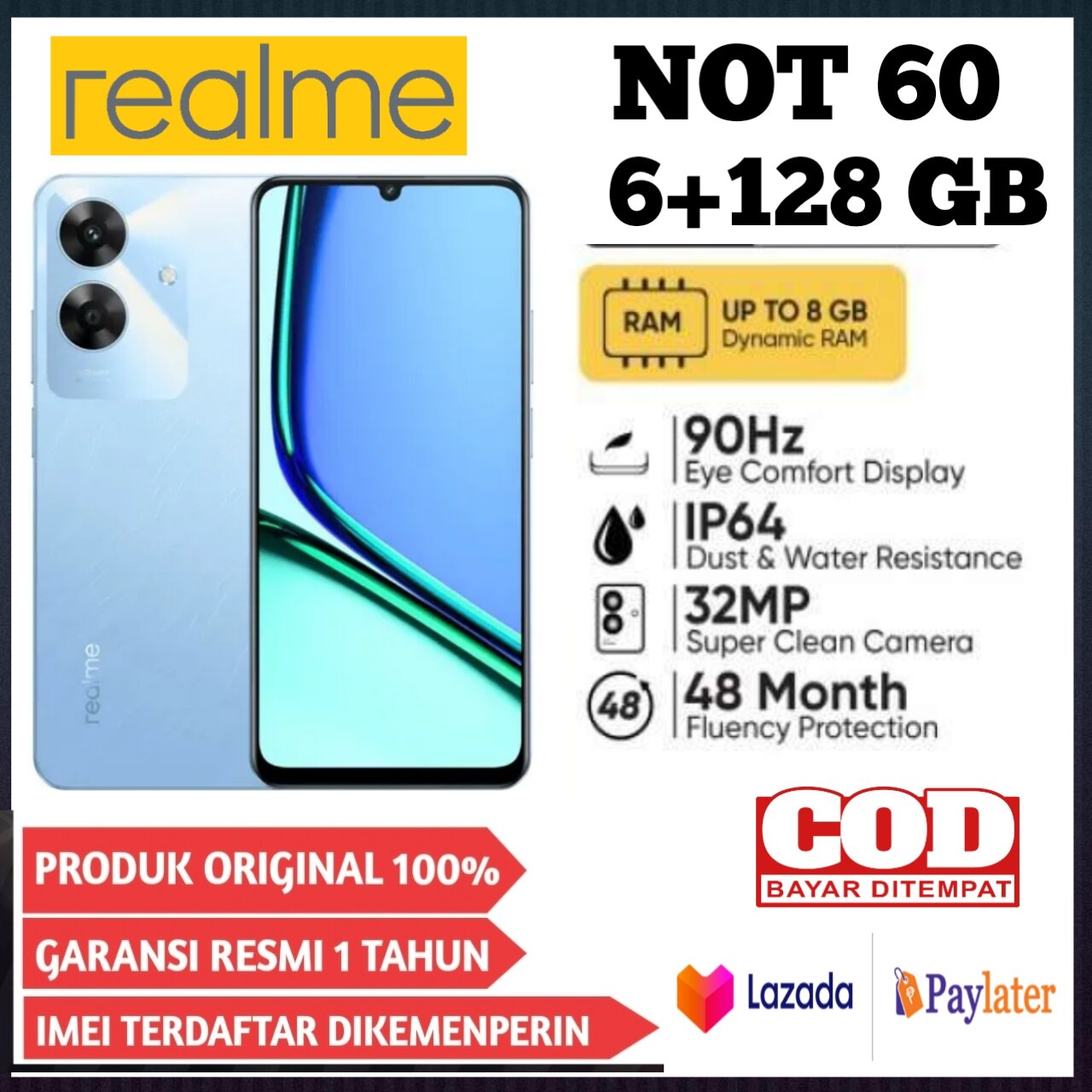 Realme Note 60 6+128 Gb 6.7 Inch Screen Unisoc Tiger T612 1 Year Official Warranty 5000 Mah Battery (Replacement for Narzo) Harga  1,195,000 Ringgit*Penghantaran Percuma