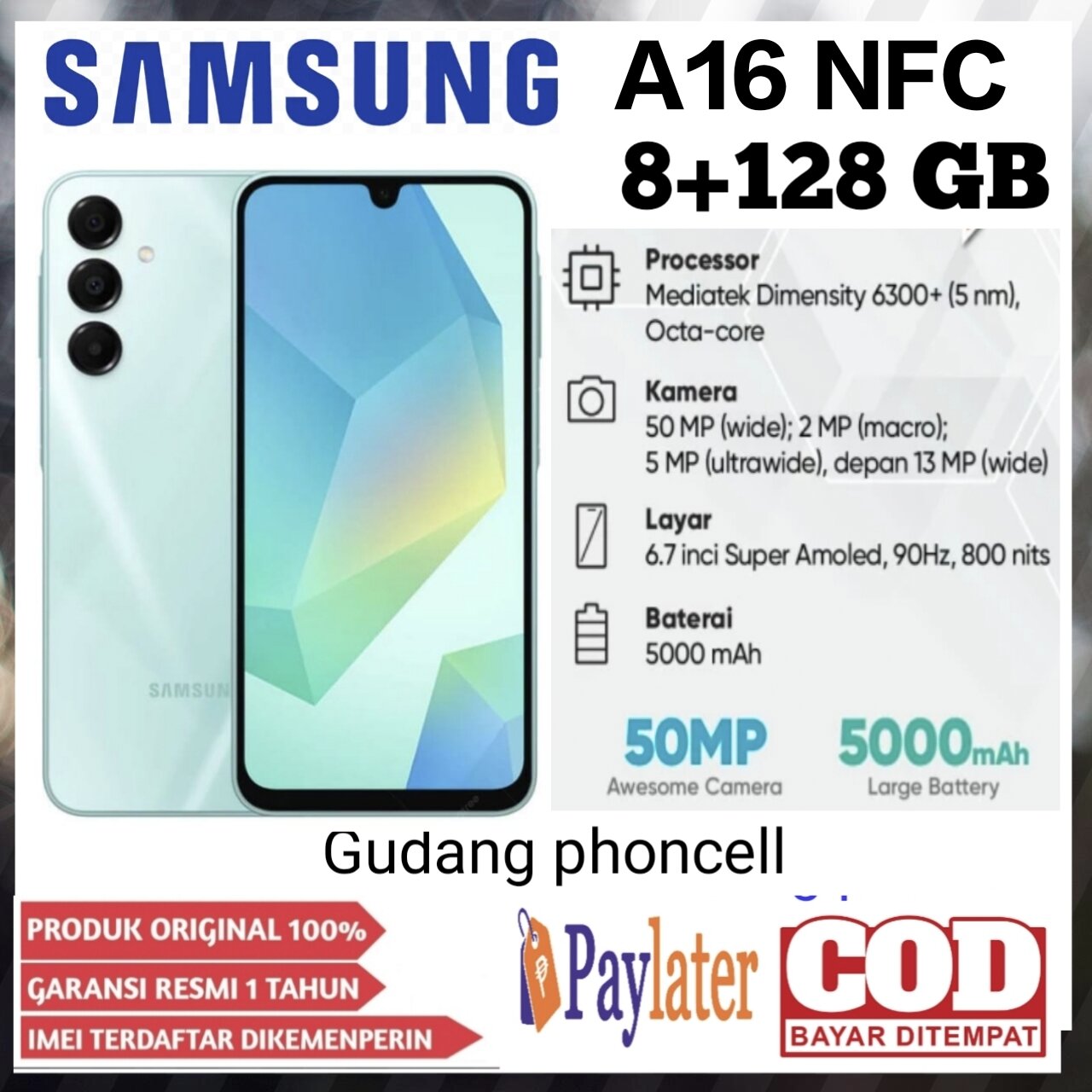 Samsung A16 Nfc Ram 8+128 Gb Super Amoled Has an Ultrawide Camera 0.5 50 Mp Camera Free Travel Adapter (Registered Imei) 1 Year Official Guarantee (Replacement for A15) Harga 2,135,000 rupiah*Gratis Ongkir