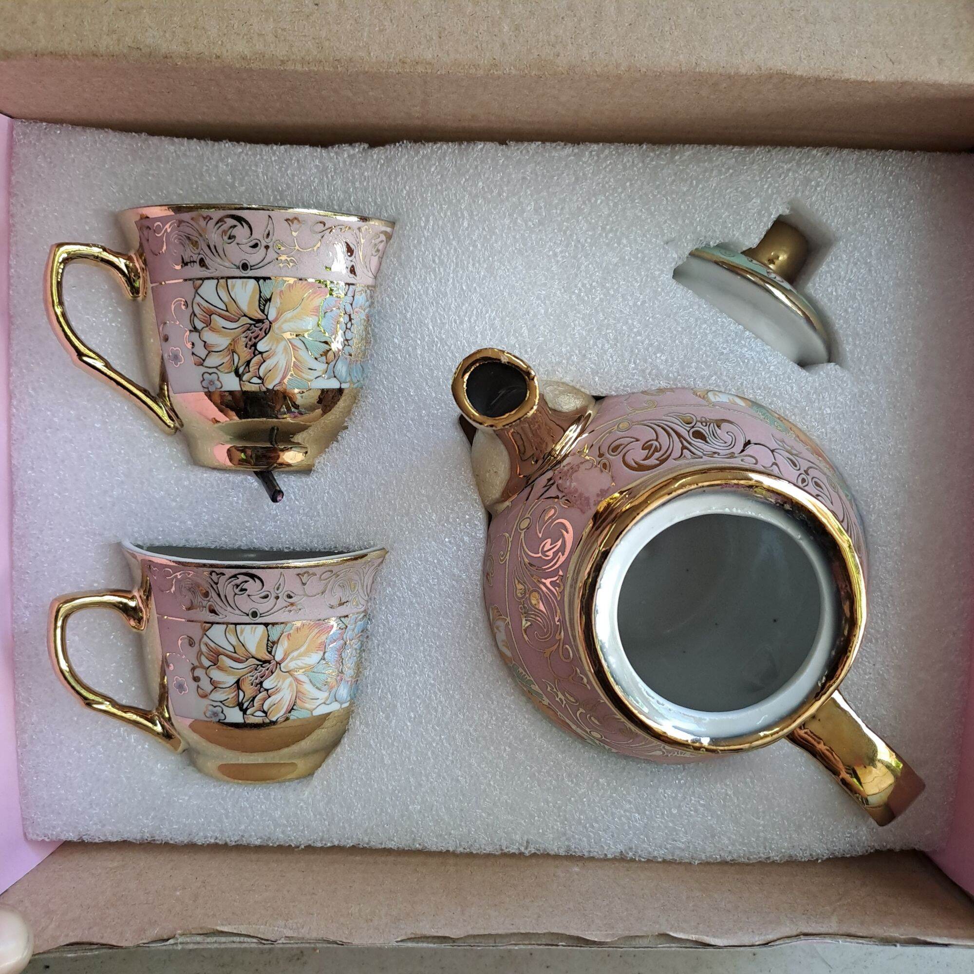 Teapot Set 3in1 Keramik • Tea Pot & Cup • Teko Set Premium Europe Classic Style • Parcel