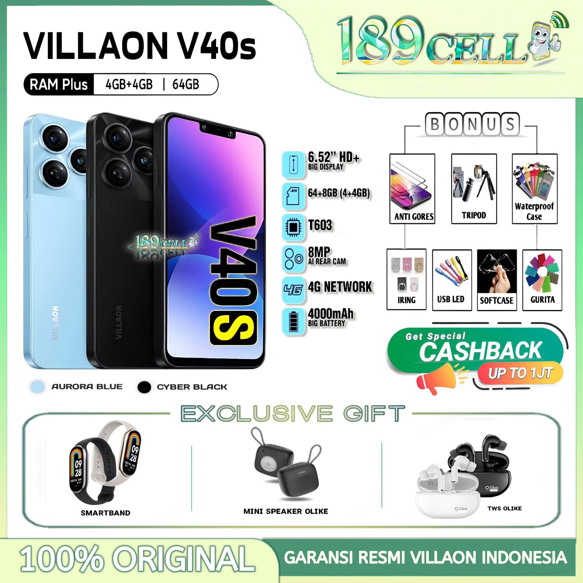 VILLAON V40s RAM 4+4GB/64GB - VILLAON V40s 4/64GB GARANSI RESMI VILLAON INDONESIA Harga 857,902 rupiah*Gratis Ongkir