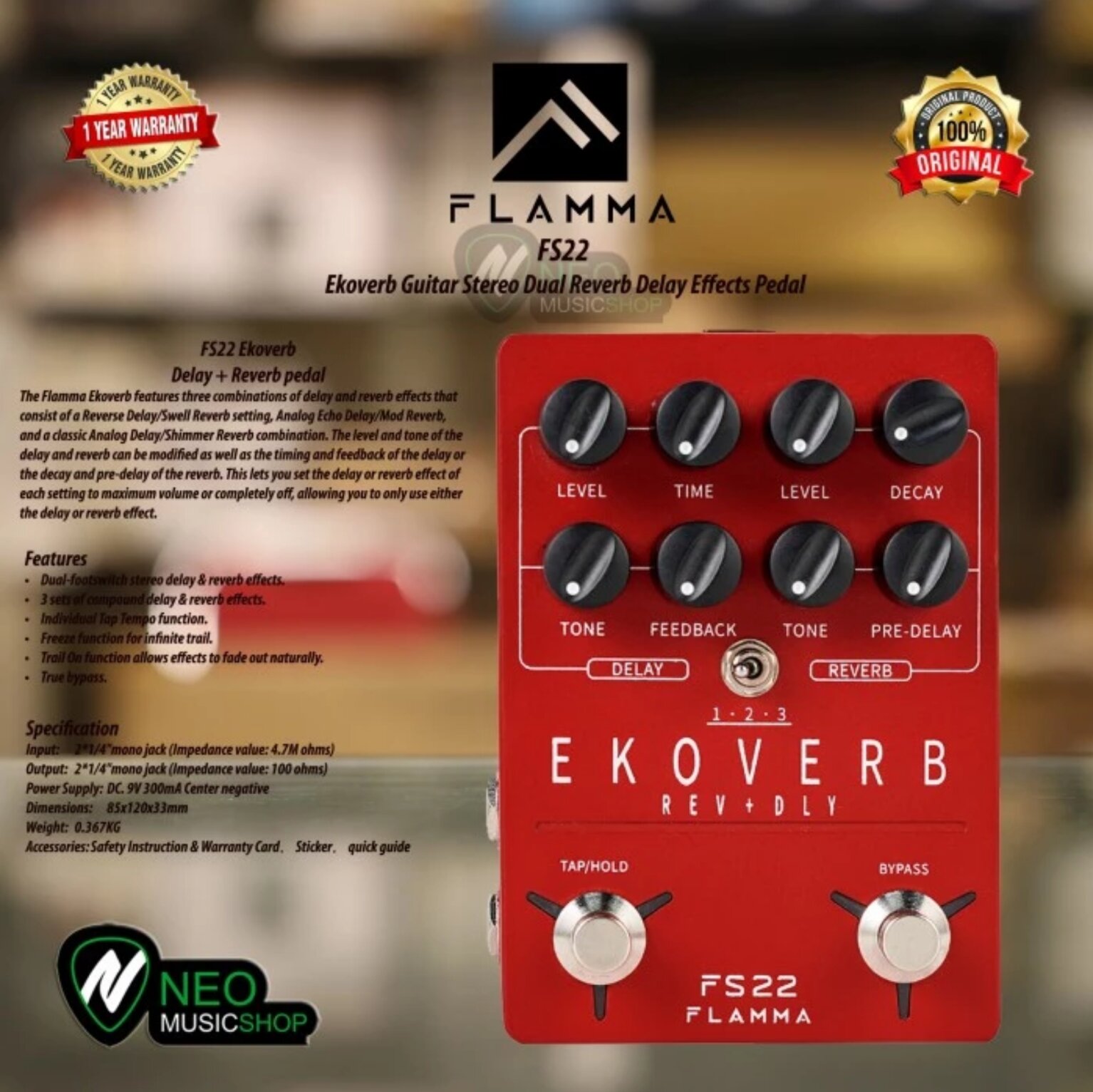 Flamma FS22 Ekoverb Guitar Stereo Dual Reverb Delay Effects Pedal ...