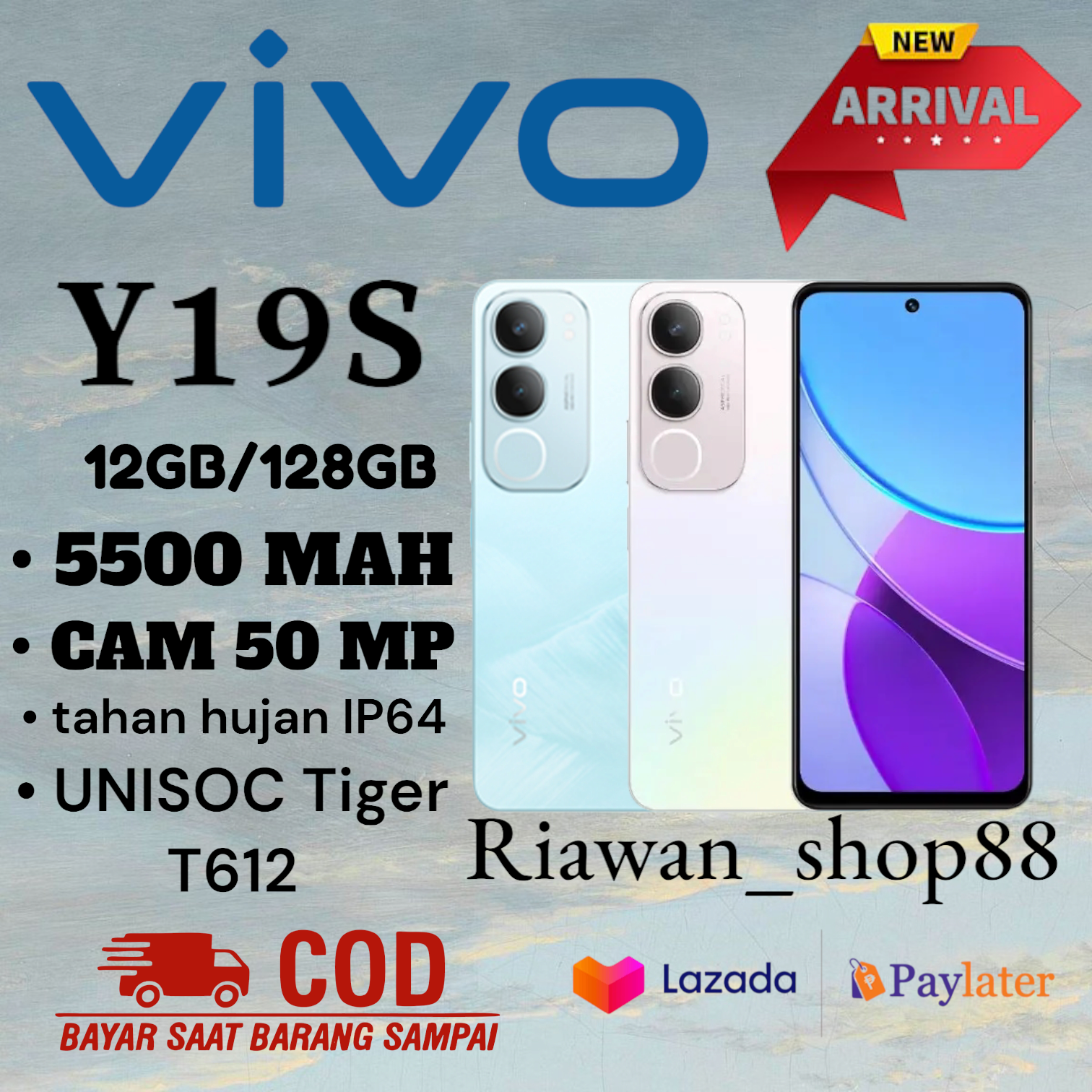Promo HP Vivo y19s 12GB RAM + 128GB (6 + 6) bat 5500, Cam 50 MP ,IP64 splash proof, 1 year official warranty, IMEI registered Ministry Harga  1,395,000 Ringgit*Penghantaran Percuma