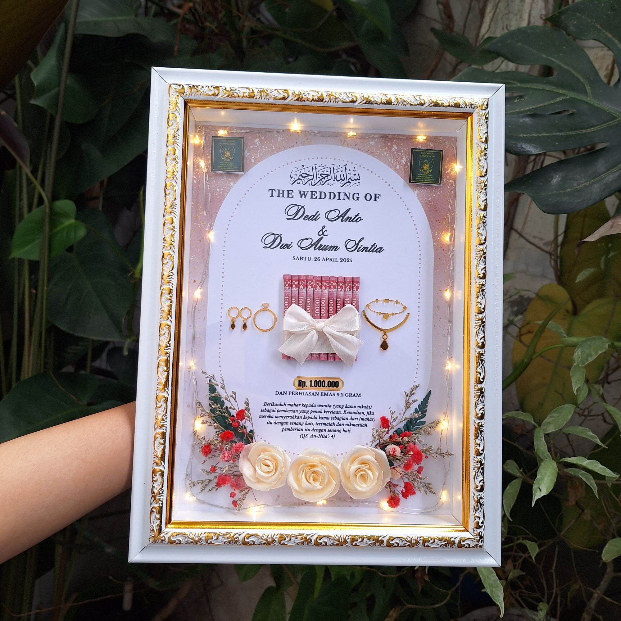 BINGKAI MAHAR 3D CUSTOM BUNGA MAWAR SATIN/ FRAME 3D LIST GOLD / FRAME MAHAR RUSTIC / HANTARAN PERNIKAH…