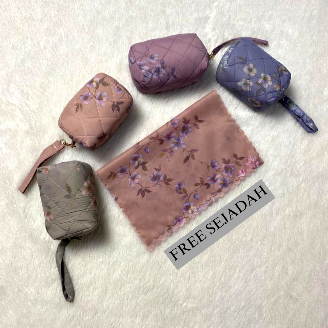 free sejadah!! mukena traveling mini pouch lasercut mukena 2in1 parasut premium korea