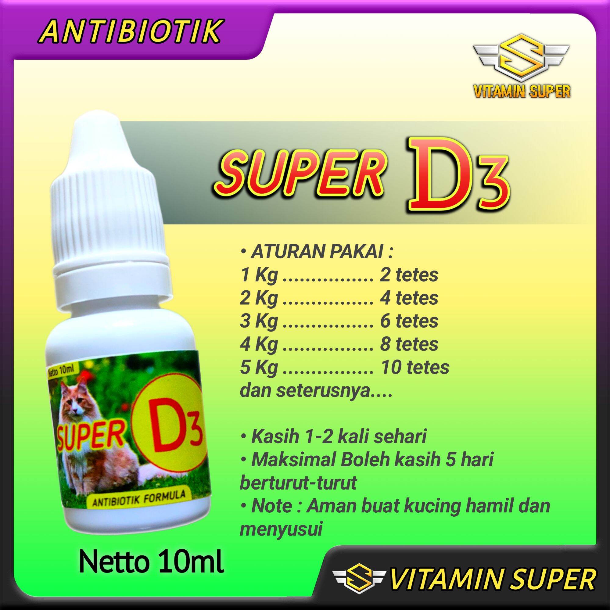 Obat Kucing Antibiotik Super D3 Antibiotik Penurun Panas, Lumpuh, Demam, Infeksi Virus, Infeksi Bakteri, Lemes, dan Radang tenggorokan. 