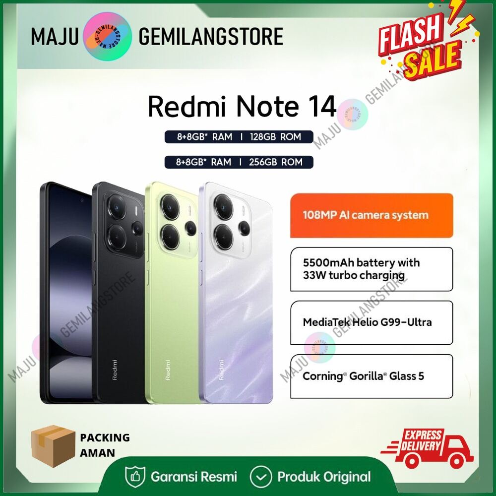 Redmi Note 14 4G Ram8 GB+128 GB | Ram 8 GB+256 GB,Layar Amoled, Tiga kamera 108 MP ProsesorHelio G99-Ultra NFC Harga  2,329,000 Ringgit*Penghantaran Percuma