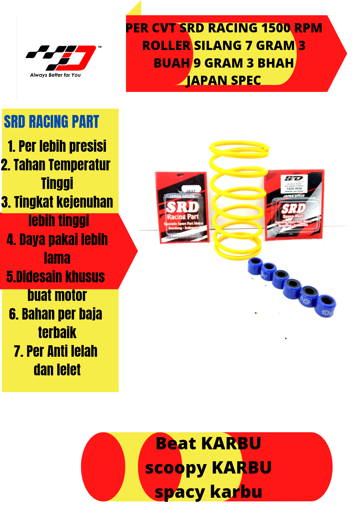 Paket Upgrade Kirian Per CVT Beat Karbu & Scoopy Karbu 1500 RPM: Roller Silang 7 & 9 Gram Racing SRD Racing – Setara TDR Terbaik dan Termurah untuk Performa Maksima