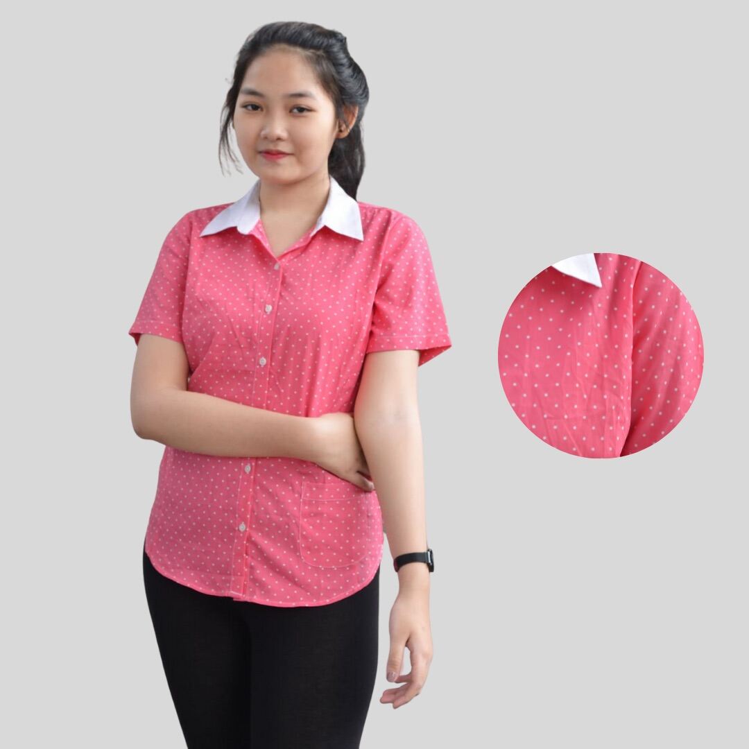 Lazada Indonesia - Kemeja lengan pendek wanita motif polka dit pink