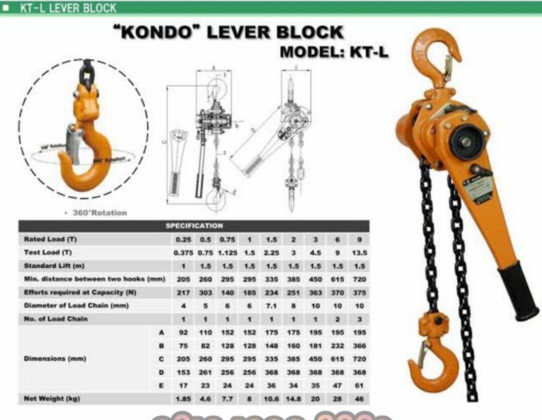 LEVER BLOCK kondo takel manual kapasitas 3/4 ton x 1,5 m Japan ori