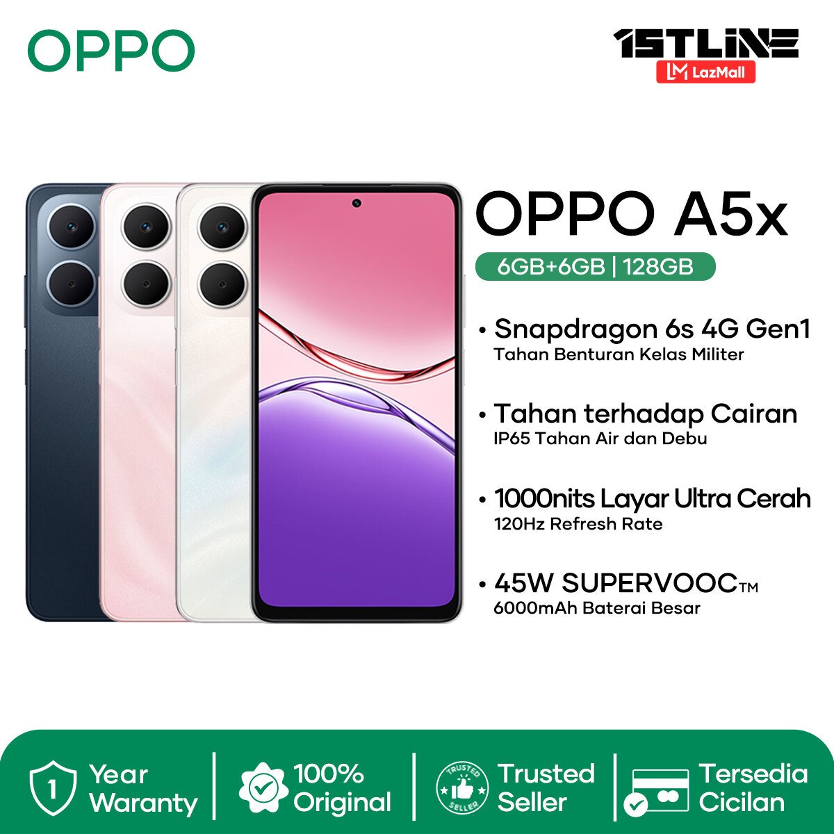 Oppo A5X (4/128GB) -Official warranty, latest Oppo HP 2025 original, available for cod Harga 1,899,000 rupiah*Gratis Ongkir