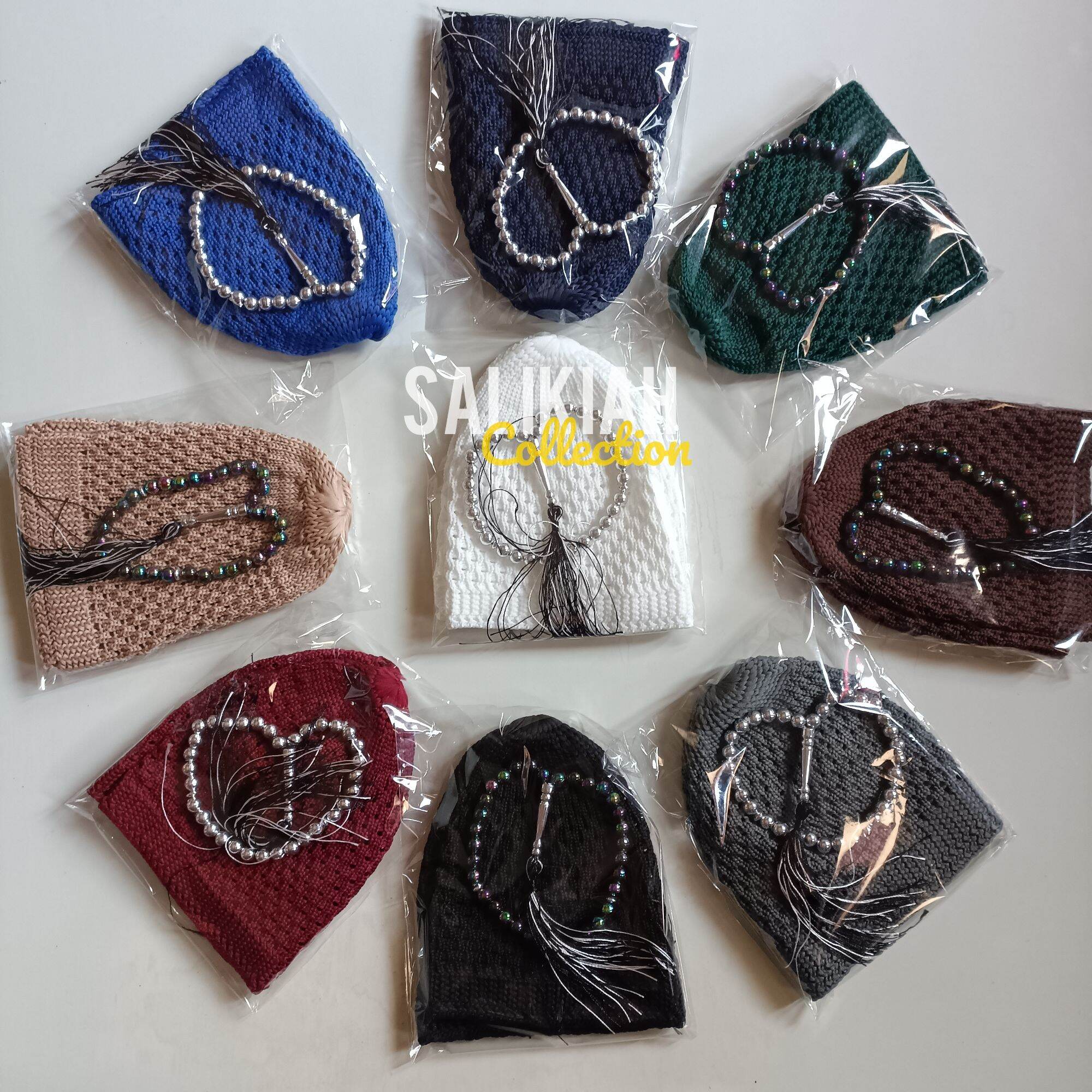(20Pcs) Hajj Umrah Souvenirs / Adult Knitted Peci and 33-Piece Pearl Tasbih