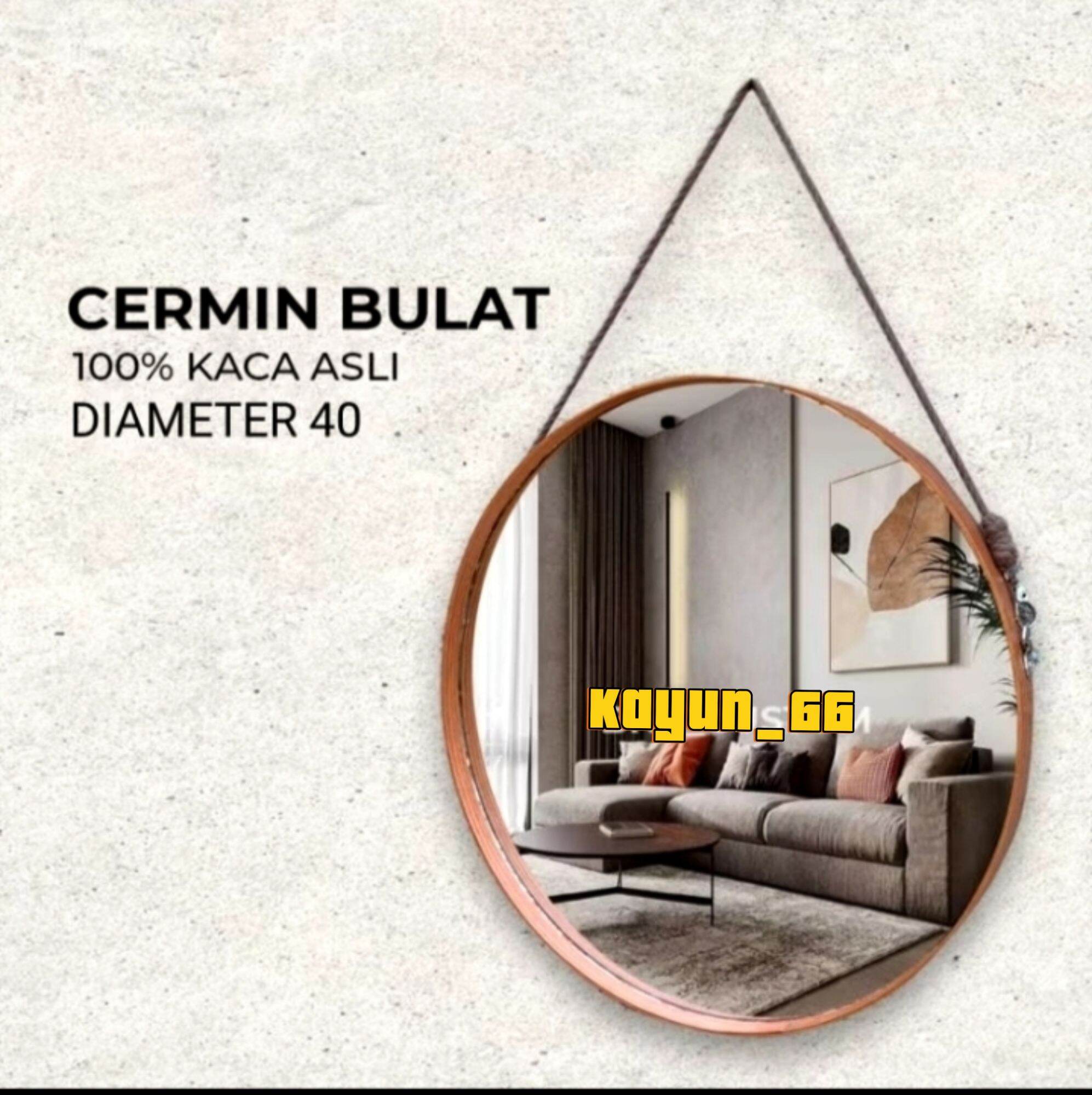 Cermin bulat aesthetic diameter 40cm/Cermin gatung 100% cermin asli frame warna coklat