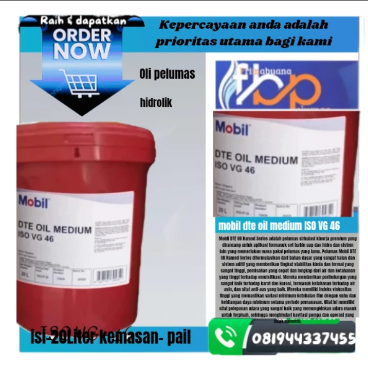 oli pelumas mobil dte oil medium ISO VG 46 isi 20 liter kemasan pail Harga 1,100,000 rupiah*Gratis Ongkir