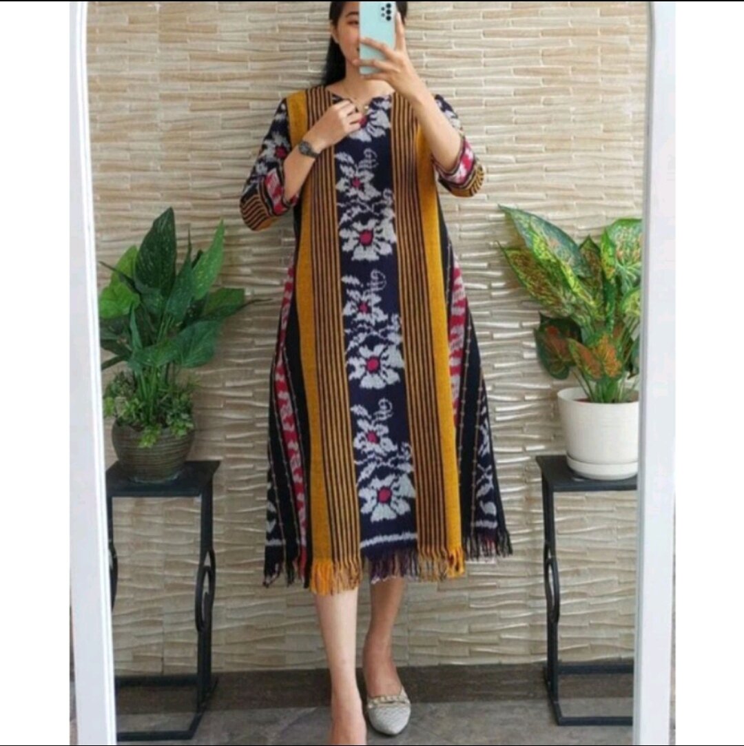 DRES TENUN LURIK KUNING - TUNIK TENUN ETNIK WANITA - BAJU KANTOR TENUN