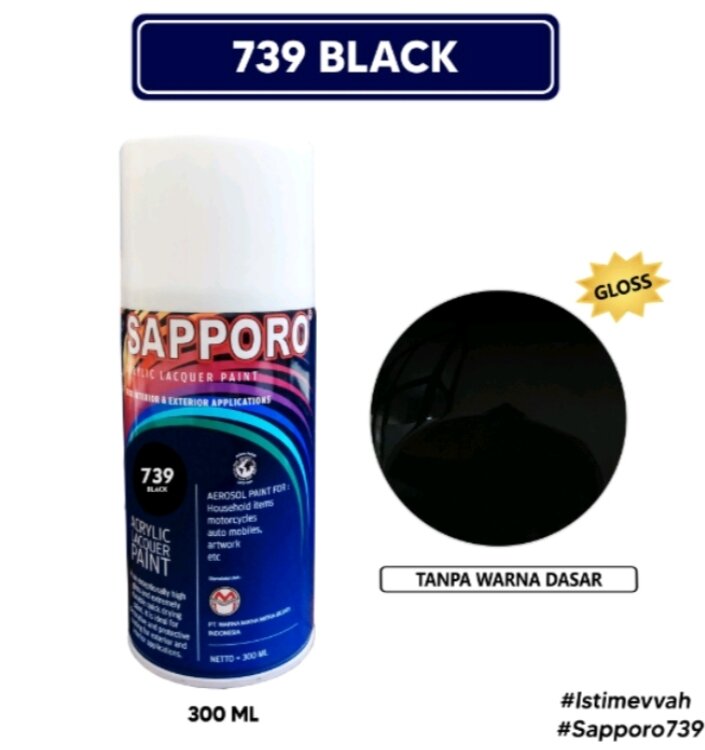 Saporo SAPPORO 739 Black 300ml Hitam Mengkilap Kilap Glossy Gloss Cat Semprot Spray Paint Motor Pilok Pilox Aerosol Terbaik