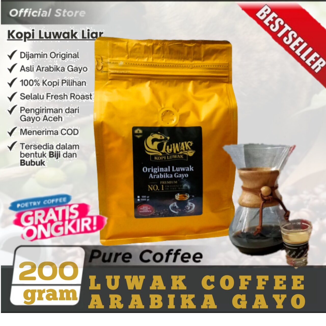 Aceh Arabika Gayo Luwak Coffee Powder 200Gram Fine Powder Arabica Premium Tanah Rencong Aceh.