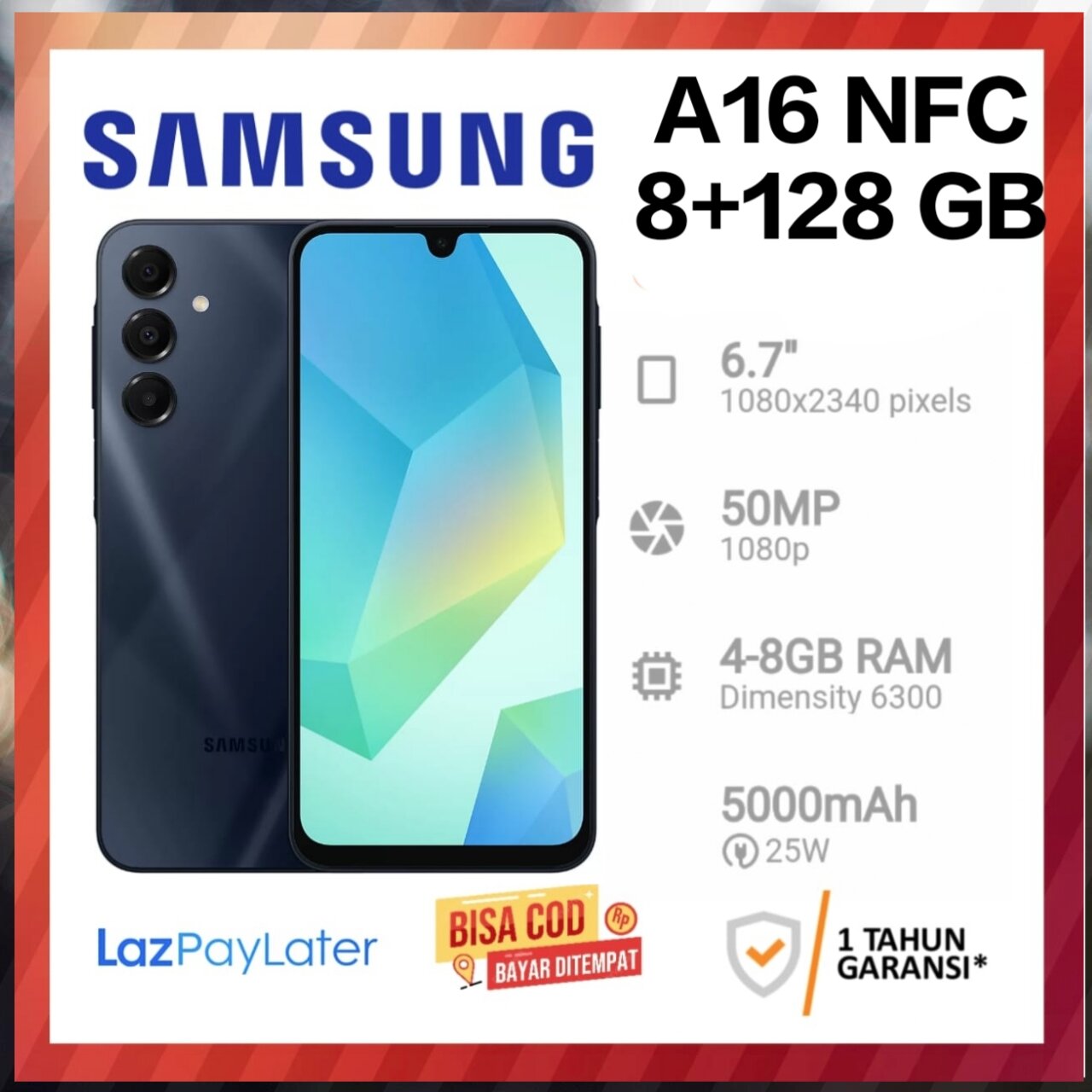 Samsung A16 NFC RAM 8 + 128 GB AMOLED screen official warranty Samsung 1 year (IMEI listed) Harga 1,945,000 rupiah*Gratis Ongkir