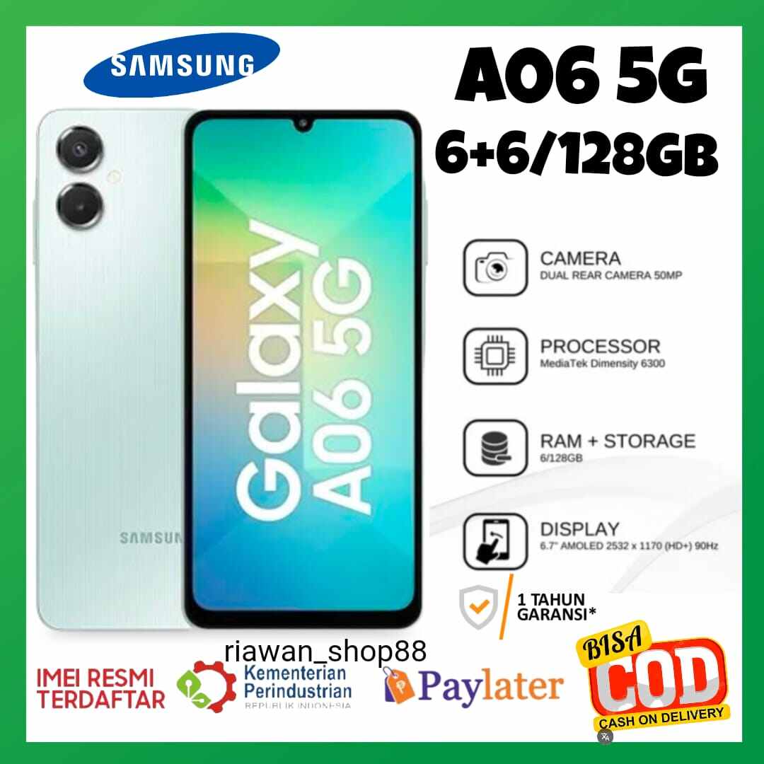 HP Samsung A06 5G RAM 6GB + 6GB /128GB, Cam 50MP, MediaTek dimension 6300 ,5000mAh, 1 year official warranty, IMEI registered Ministry Harga 2,095,000 rupiah*Gratis Ongkir