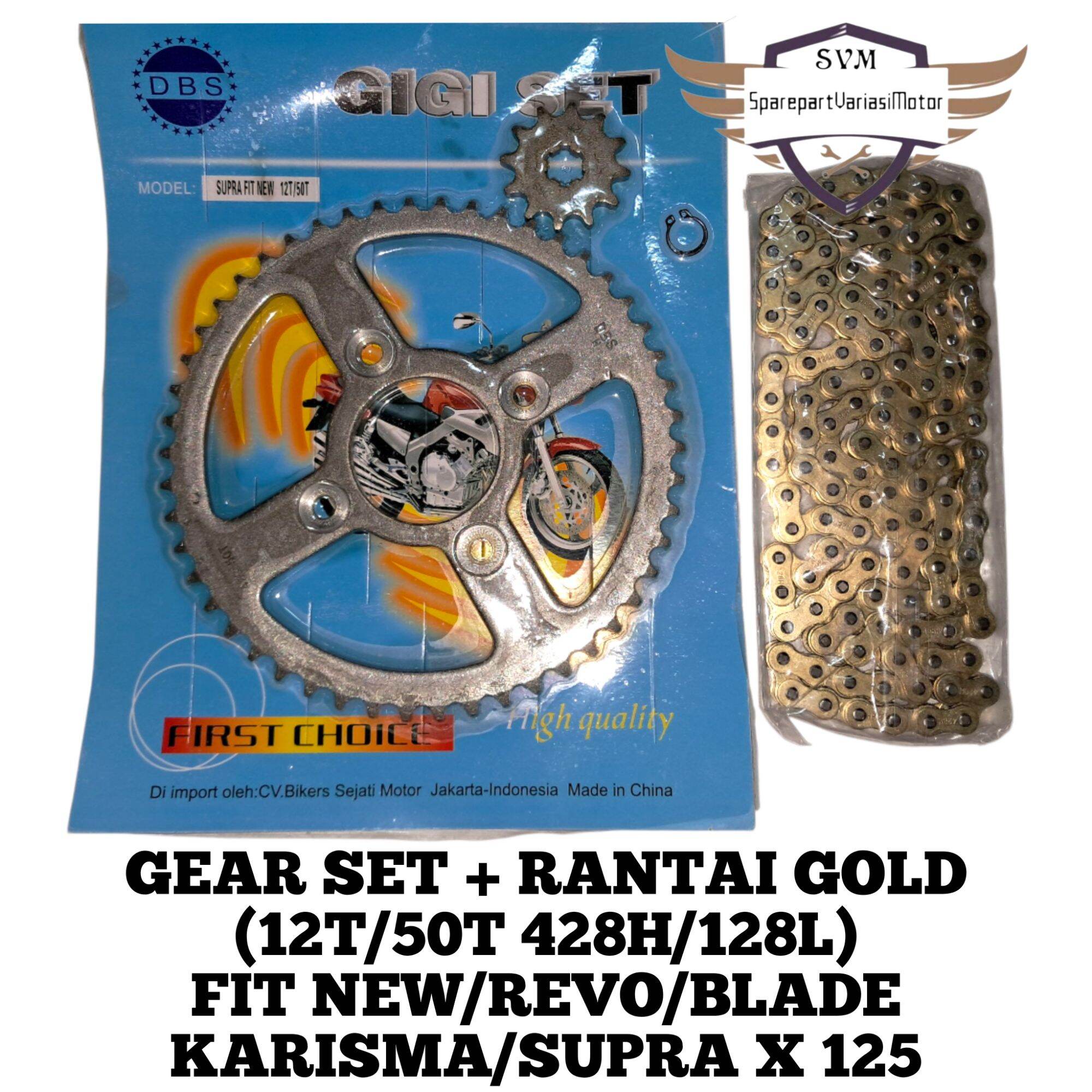Gear Set 50t Fit New Revo Blade Karisma Supra X 125 Gear Front Rear 50t Gold Chain ​​428H/128L Harga 145,000 rupiah*Gratis Ongkir