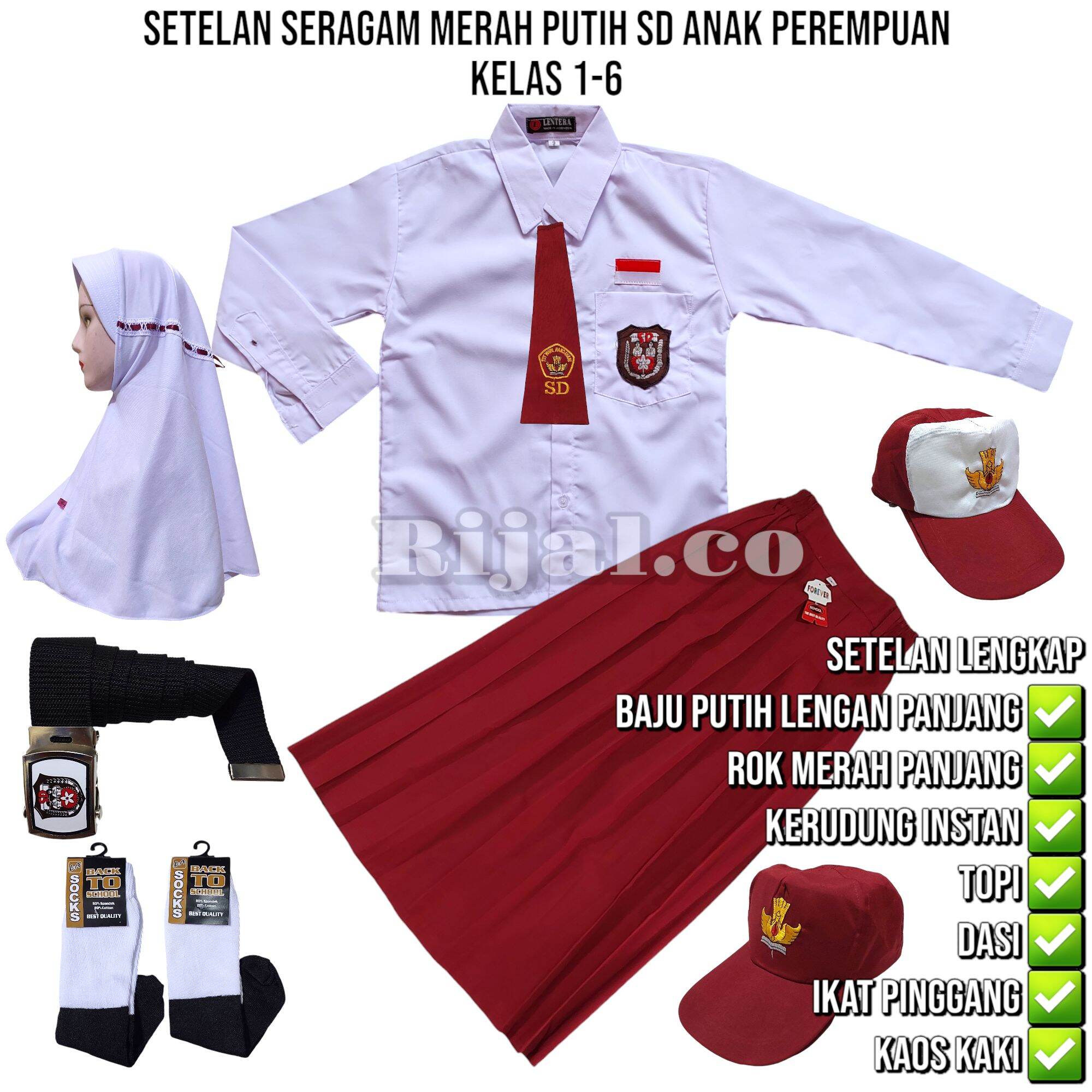 setelan seragam merah putih sekolah SD anak perempuan lengan panjang