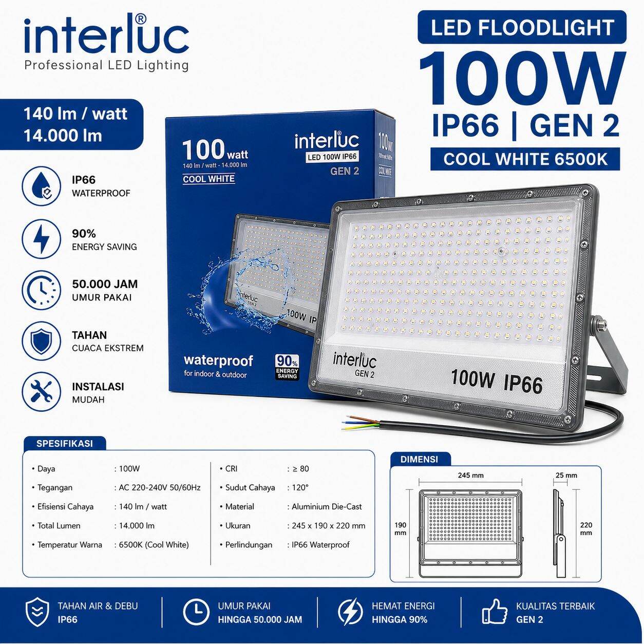 INTERLUC LAMPU SOROT FLOODLIGHT LED GEN2 BOHLAM ANTI AIR IP66 400W 300W 200W 150W 100W 50W 30W 20W 10 WATT GARANSI 1 TAHUN BAGUS KUALITAS TERJAMIN