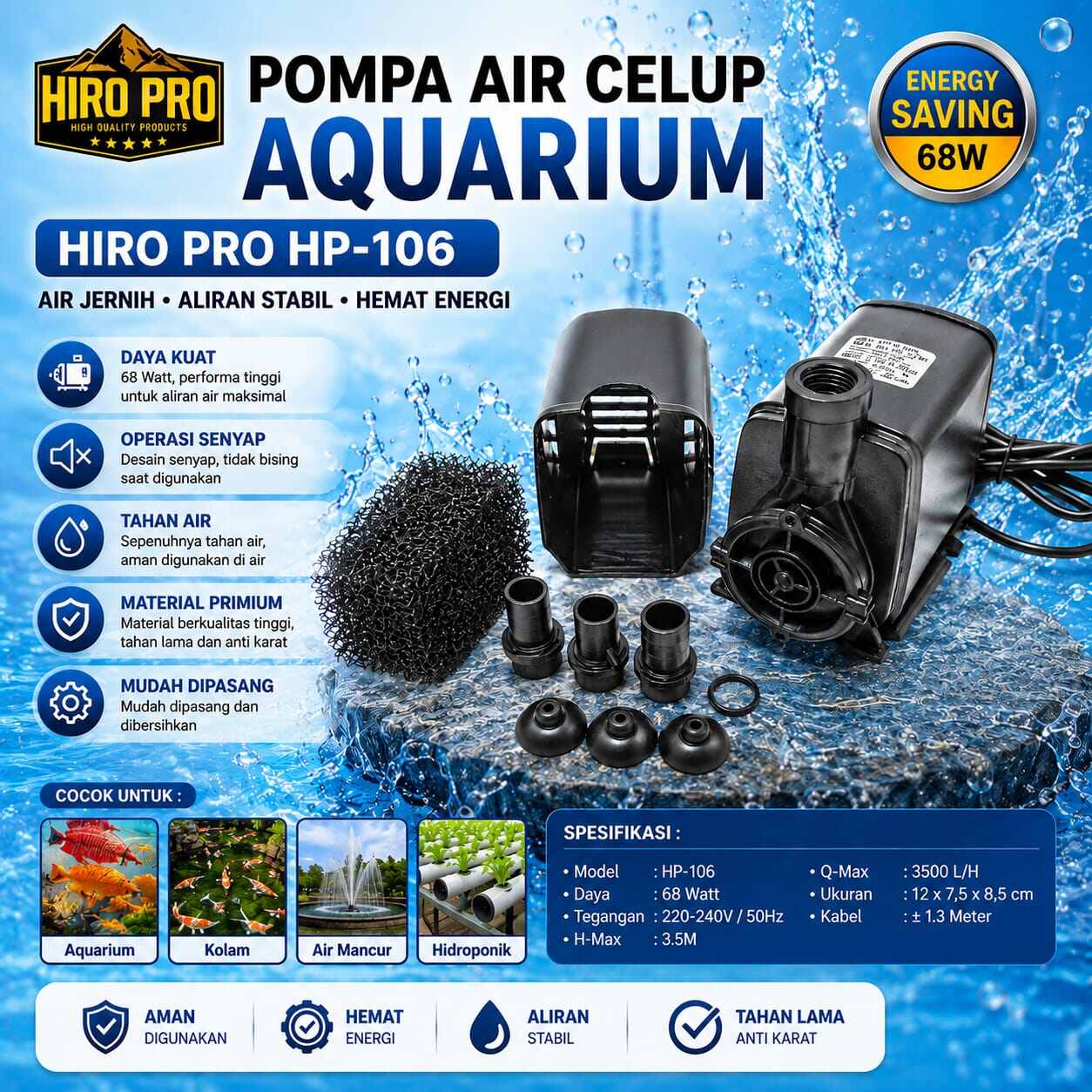 Pompa kolam Koi Hidroponik HIRO PRO HP 106