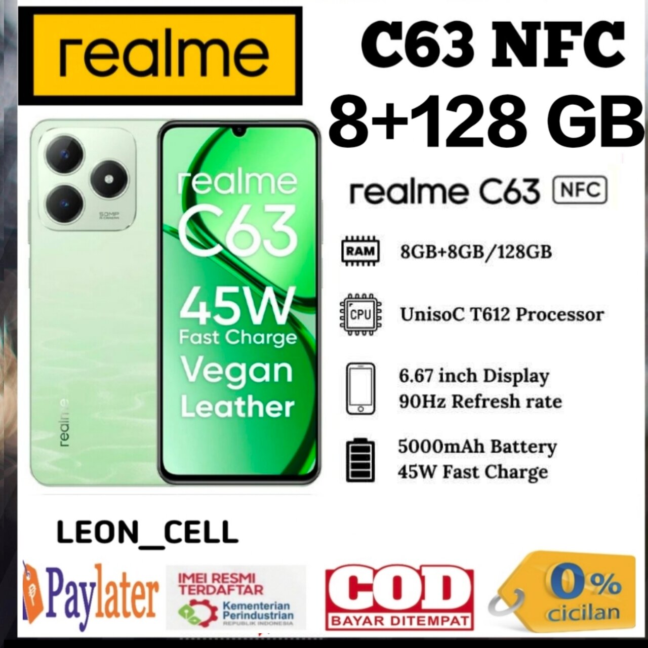 HP realme C63 8 + 128 GB unisog T612 display 6.7 in 90 Hz 1 year warranty Harga  1,135,000 rupiah*Gratis Ongkir