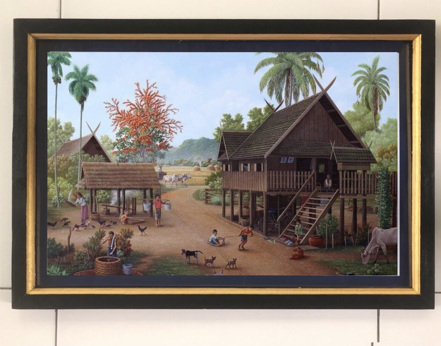 Hiasan Dinding Cetak Lukisan Gambar Rumah panggung Suasana Desa plus